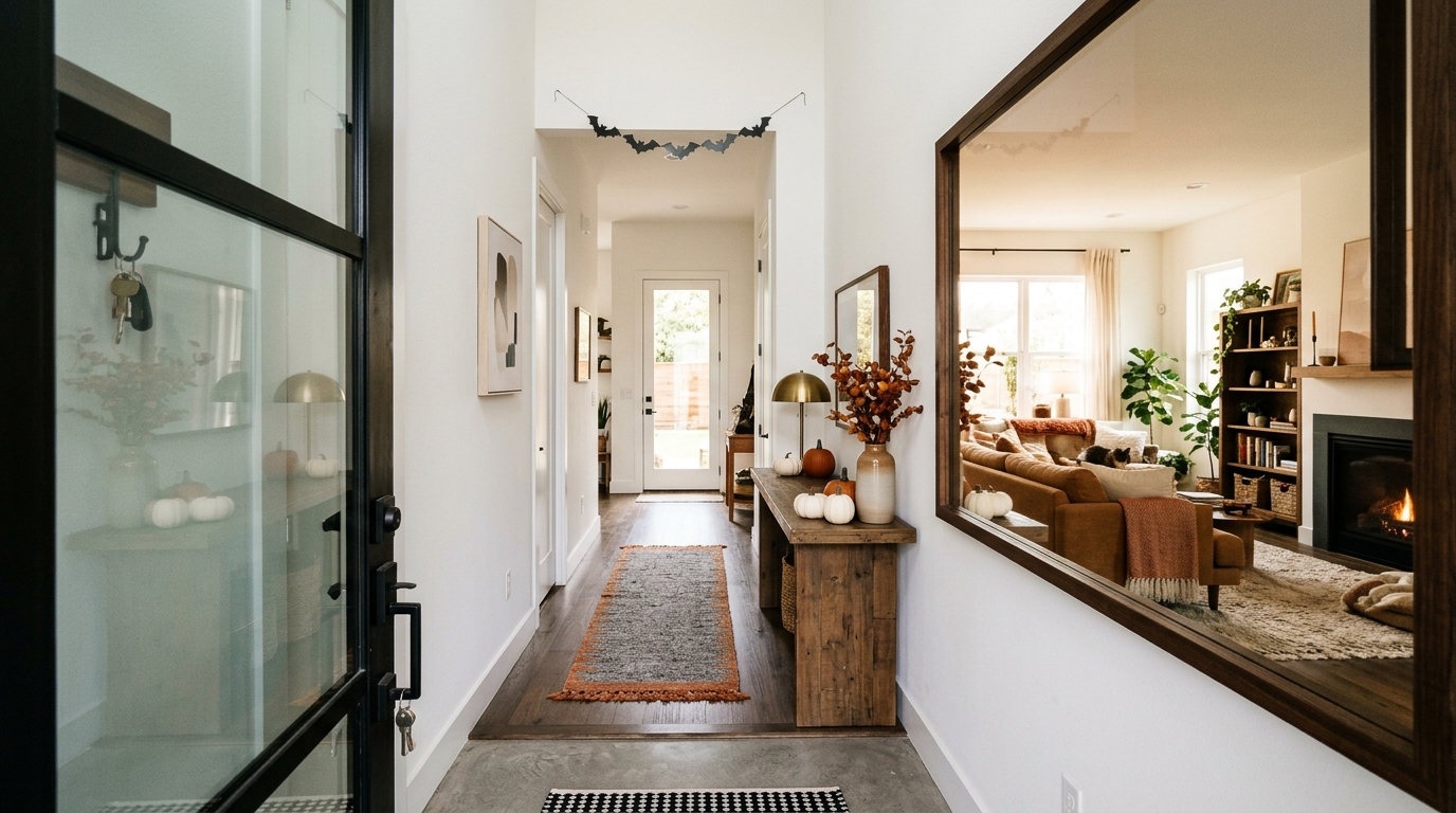 Looking down a long, narrow hallway with a mirror at the end to create depth, decorated with subtle gold-painted pumpkins.