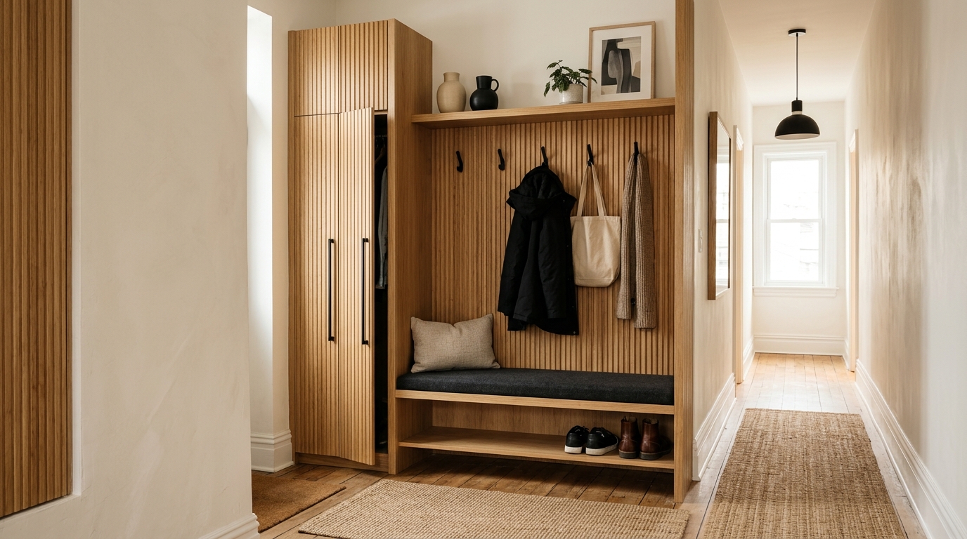 Minimalist mudroom niche in a narrow entry with integrated oak hooks and a built-in bench for ergonomic shoe removal.