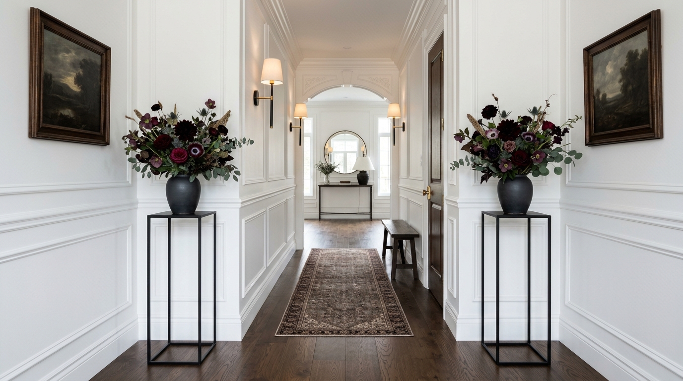 Symmetry in a narrow foyer featuring two slender pedestal tables with dark floral arrangements for a moody Halloween vibe.