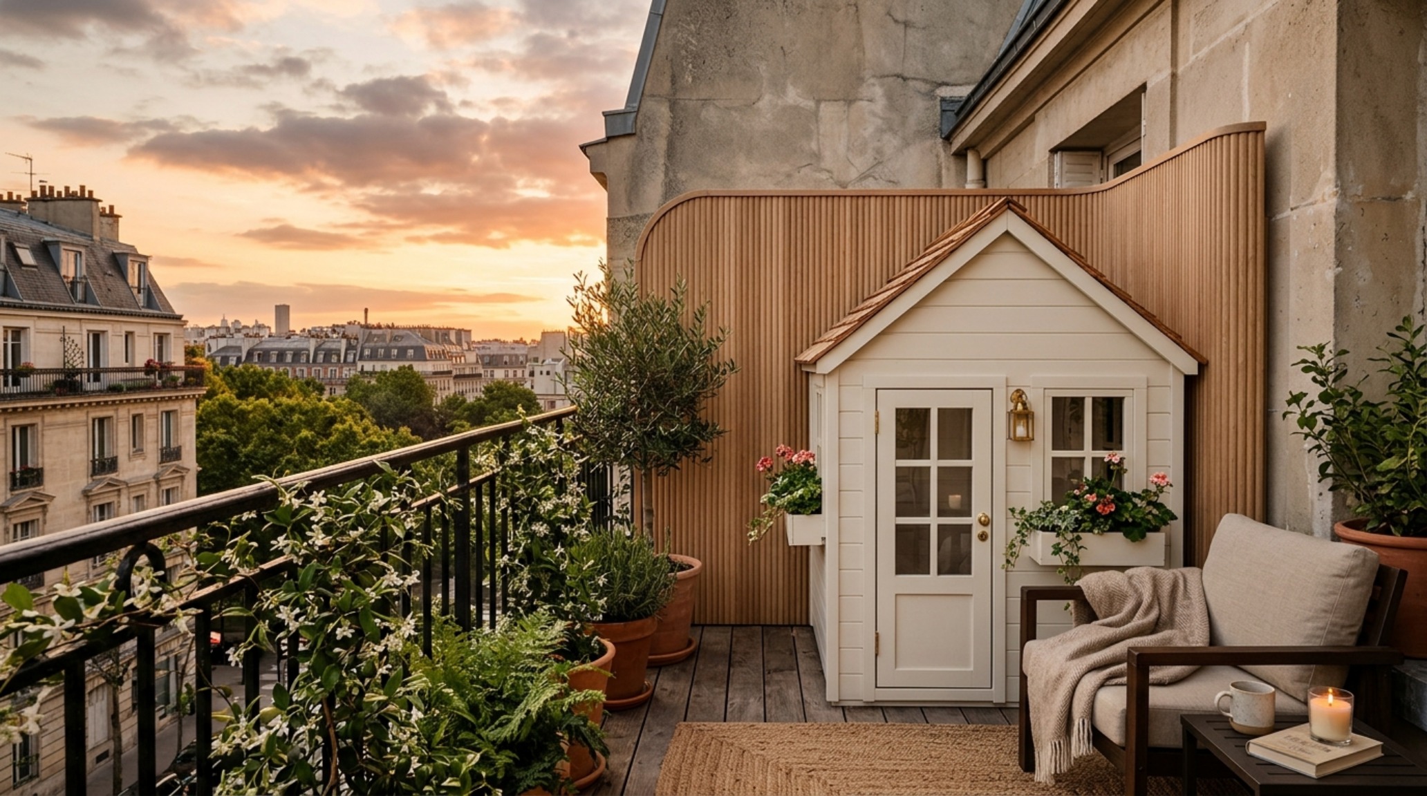 High-end small apartment balcony ideas featuring a bespoke Stormi Jenner playhouse replica in warm alabaster, framed by fluted oak privacy screens and directional sunset light.