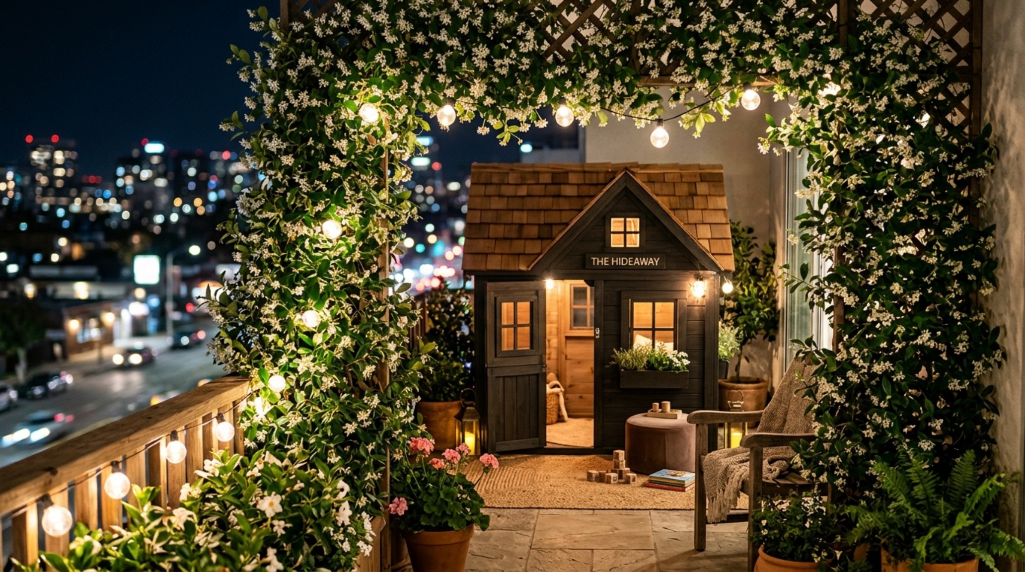 Detail shot of a balcony garden privacy screen made of laser-cut bronze, softly illuminated by 2700K cozy outdoor balcony string lights in a luxury urban setting.