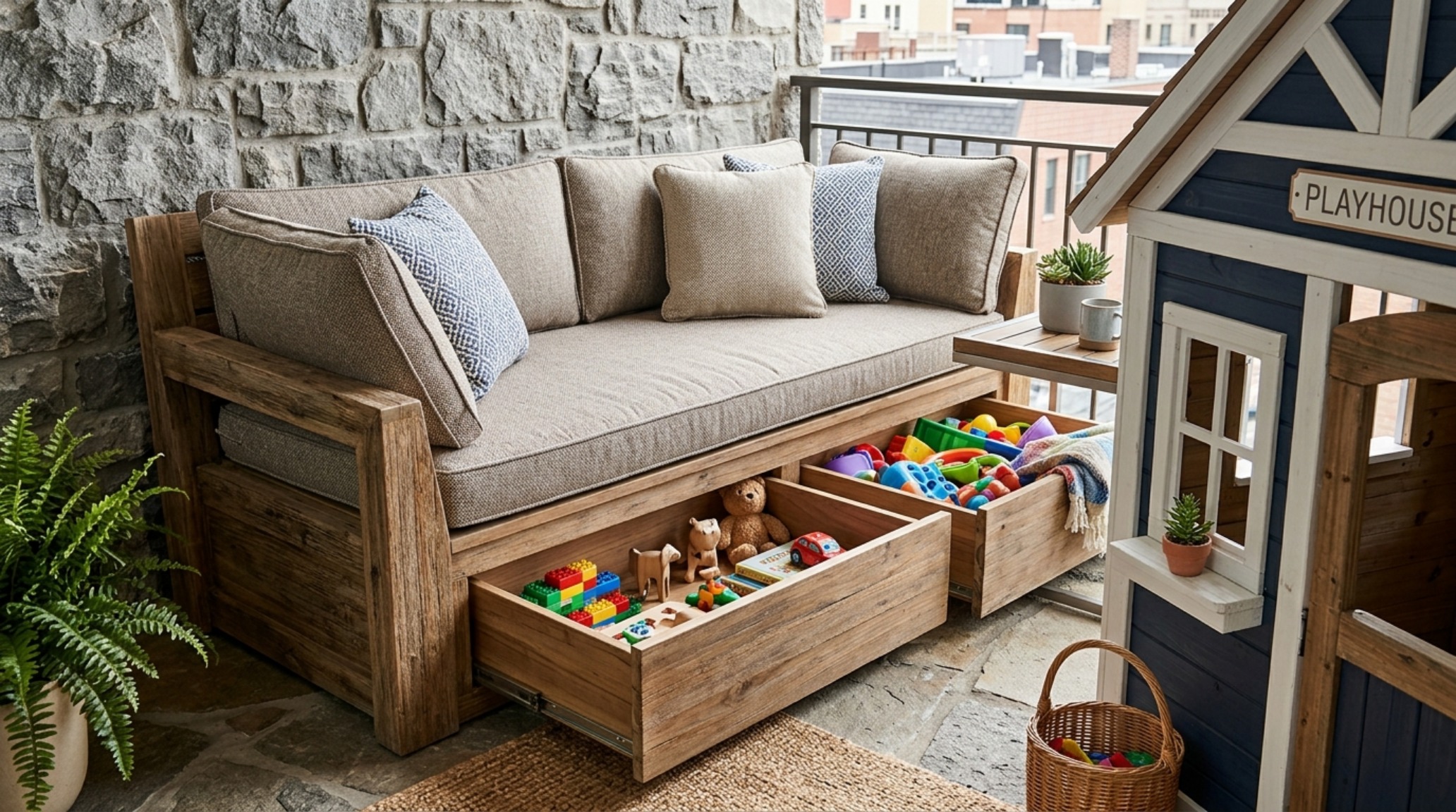 Professional architectural photo showing integrated storage under a raised playhouse floor on a small balcony, featuring Benjamin Moore Swiss Coffee finishes.