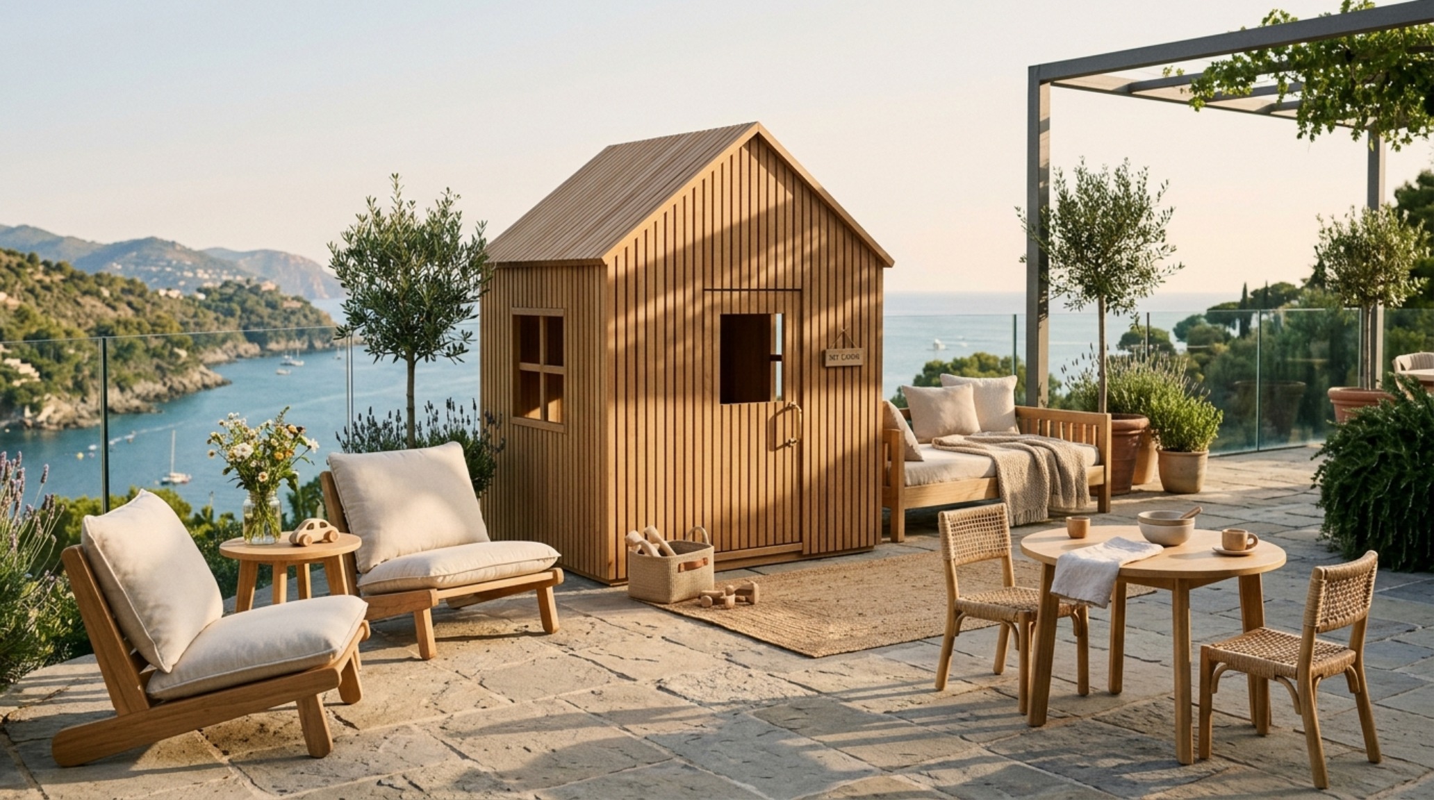 A symmetrical composition of luxury kids outdoor furniture on a narrow balcony, using neutral tones and natural wood textures to match high-end interior aesthetics.