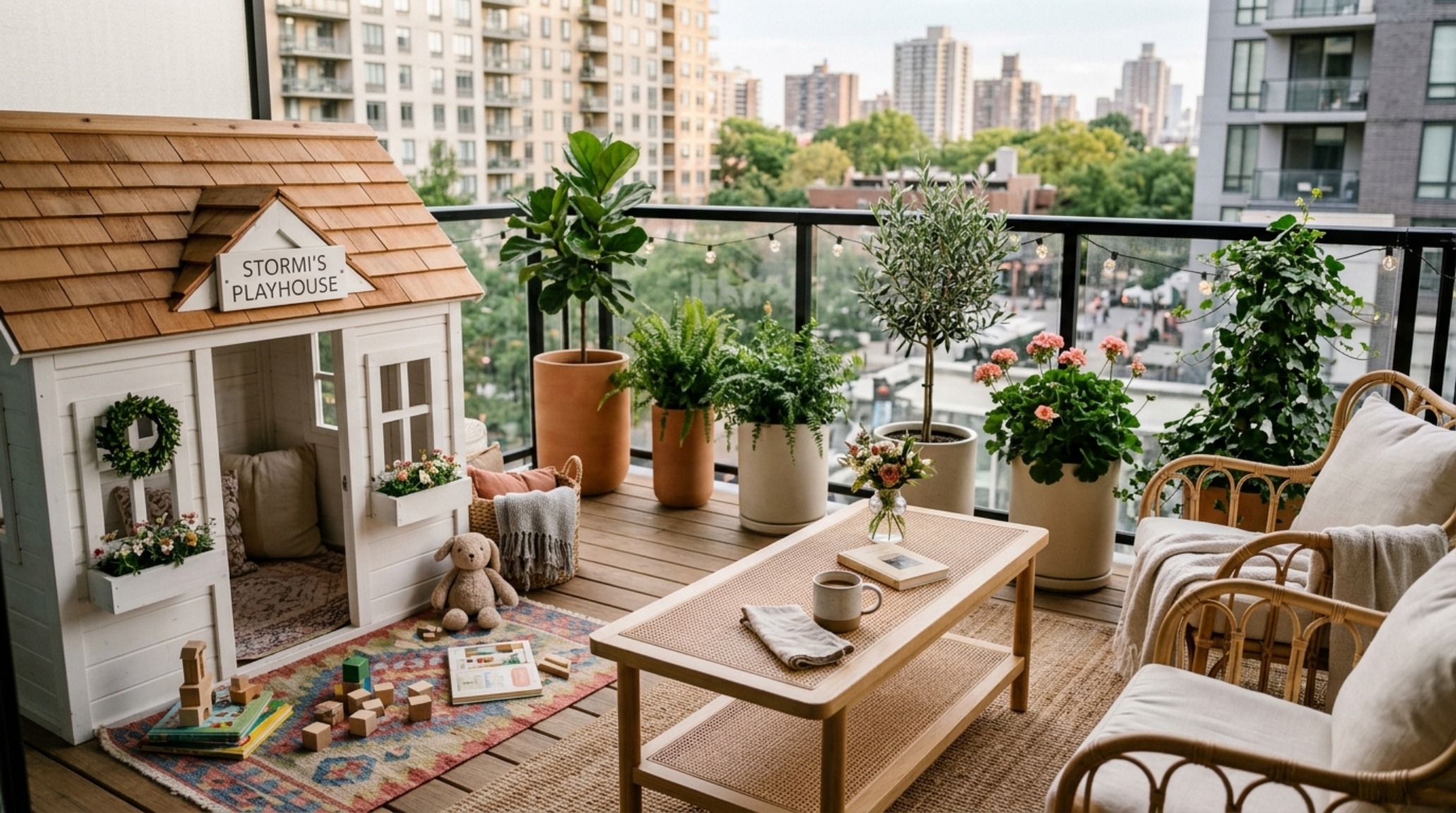 Wide-angle perspective of small balcony seating ideas that use modular ottomans to bridge the gap between adult relaxation and child-friendly play zones.
