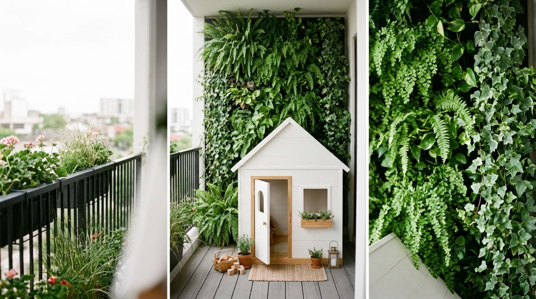 Vertical garden installation on a balcony wall providing a lush green backdrop for a white-painted wooden playhouse, emphasizing the organic modern design style.