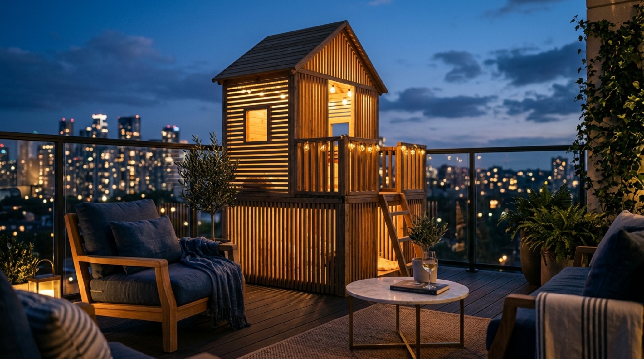 Nighttime architectural shot of a compact outdoor play zone, where diffused LED strips highlight the fluted wood textures and provide a safe, warm glow.