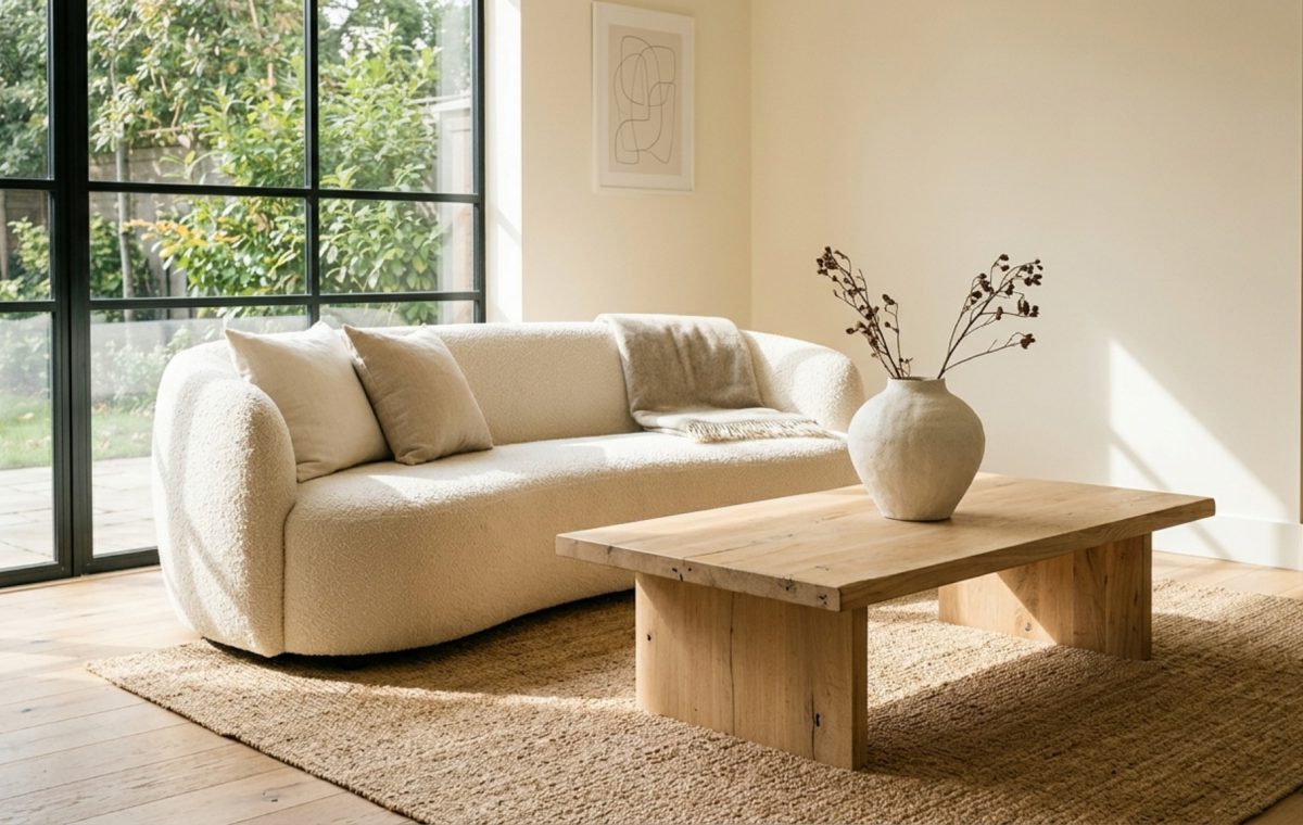 A sophisticated rental living room featuring neutral tones, a bouclé sofa, and raw wood accents, illustrating inexpensive apartment decorating ideas through texture layering.