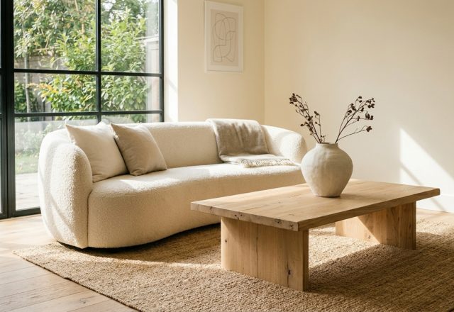 A sophisticated rental living room featuring neutral tones, a bouclé sofa, and raw wood accents, illustrating inexpensive apartment decorating ideas through texture layering.