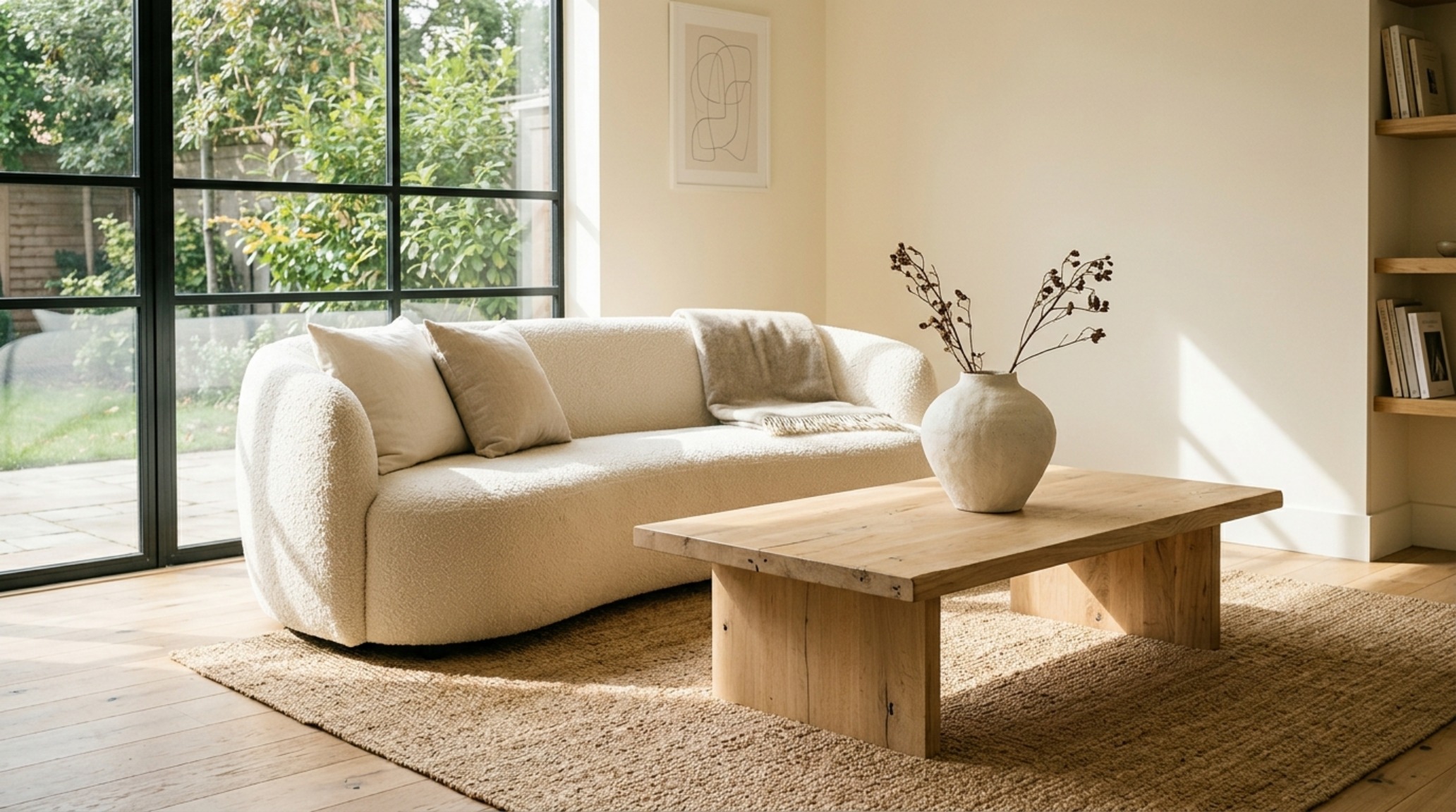 A sophisticated rental living room featuring neutral tones, a bouclé sofa, and raw wood accents, illustrating inexpensive apartment decorating ideas through texture layering. A sophisticated rental living room featuring neutral tones, a bouclé sofa, and raw wood accents, illustrating inexpensive apartment decorating ideas through texture layering.