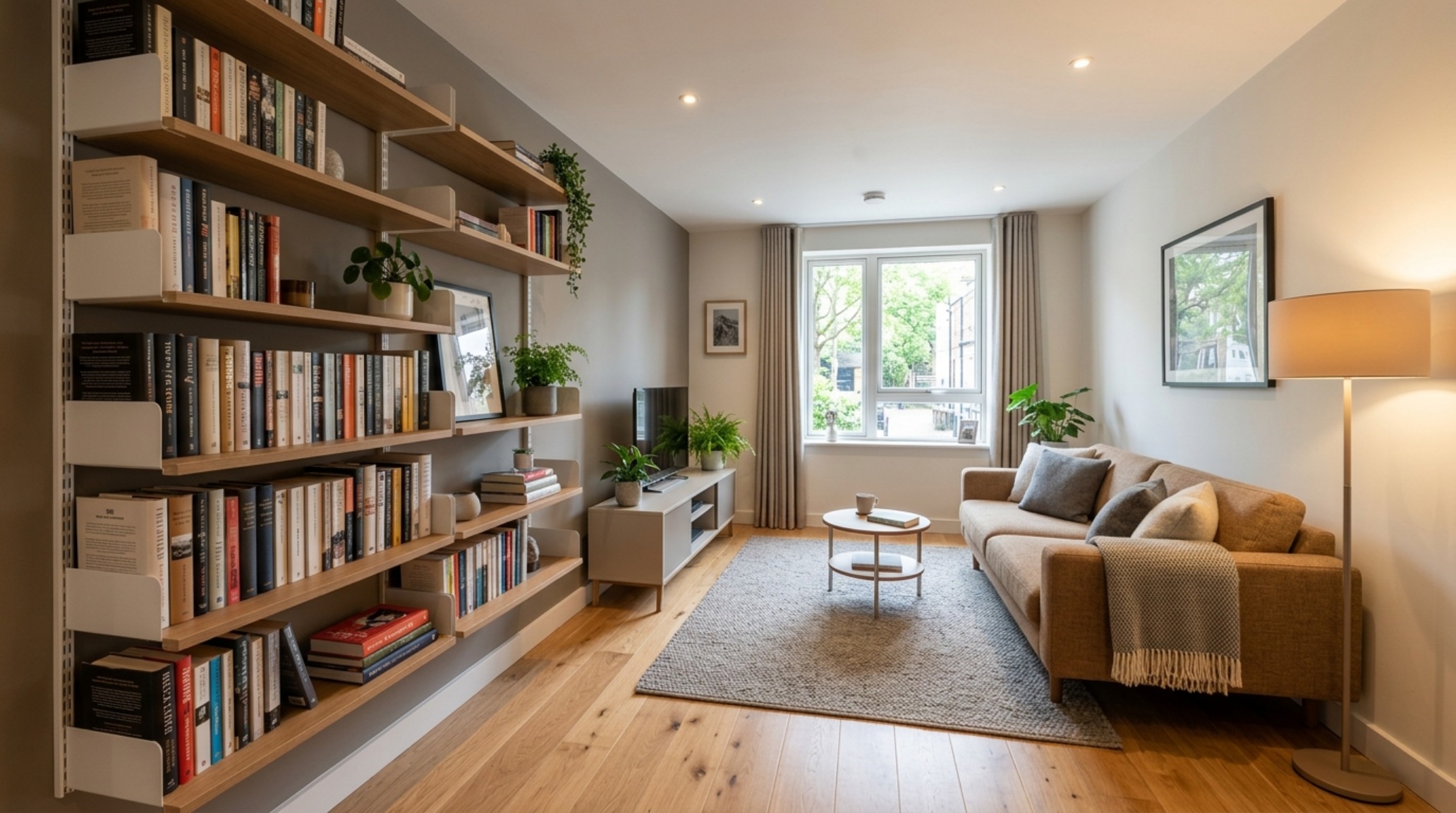 Strategic spatial layout in a small apartment living room showing 18-inch coffee table clearance and 36-inch walkways for optimal flow. Strategic spatial layout in a small apartment living room showing 18-inch coffee table clearance and 36-inch walkways for optimal flow.