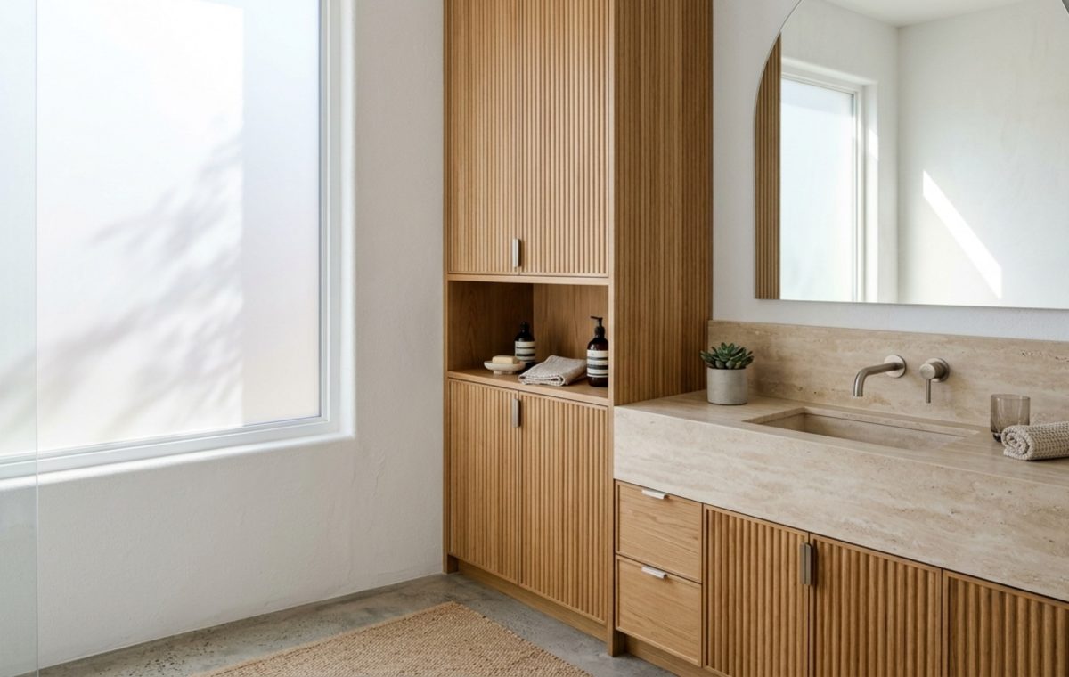 Built-in bathroom storage solutions featuring a floor-to-ceiling fluted oak vanity tower with integrated charging ports and minimalist hardware.