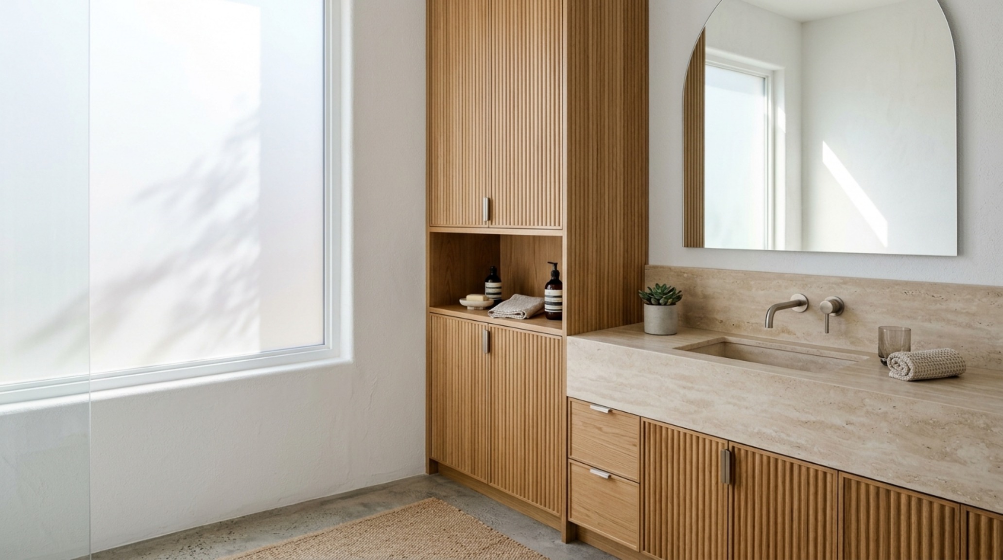 Built-in bathroom storage solutions featuring a floor-to-ceiling fluted oak vanity tower with integrated charging ports and minimalist hardware. Built-in bathroom storage solutions featuring a floor-to-ceiling fluted oak vanity tower with integrated charging ports and minimalist hardware.