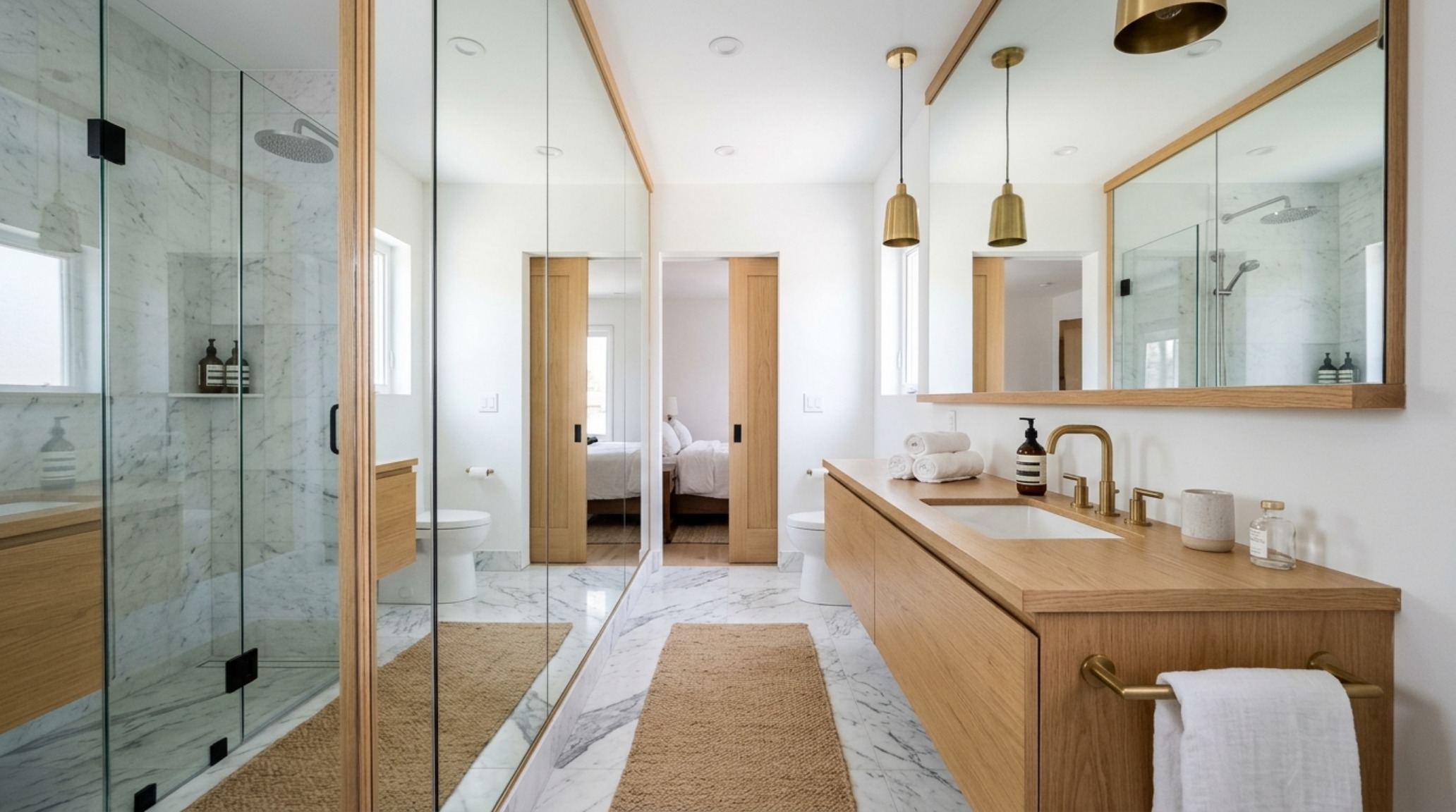 Small bathroom layout ideas emphasizing verticality with a tall, narrow recessed shelf and integrated towel warmers. Small bathroom layout ideas emphasizing verticality with a tall, narrow recessed shelf and integrated towel warmers.