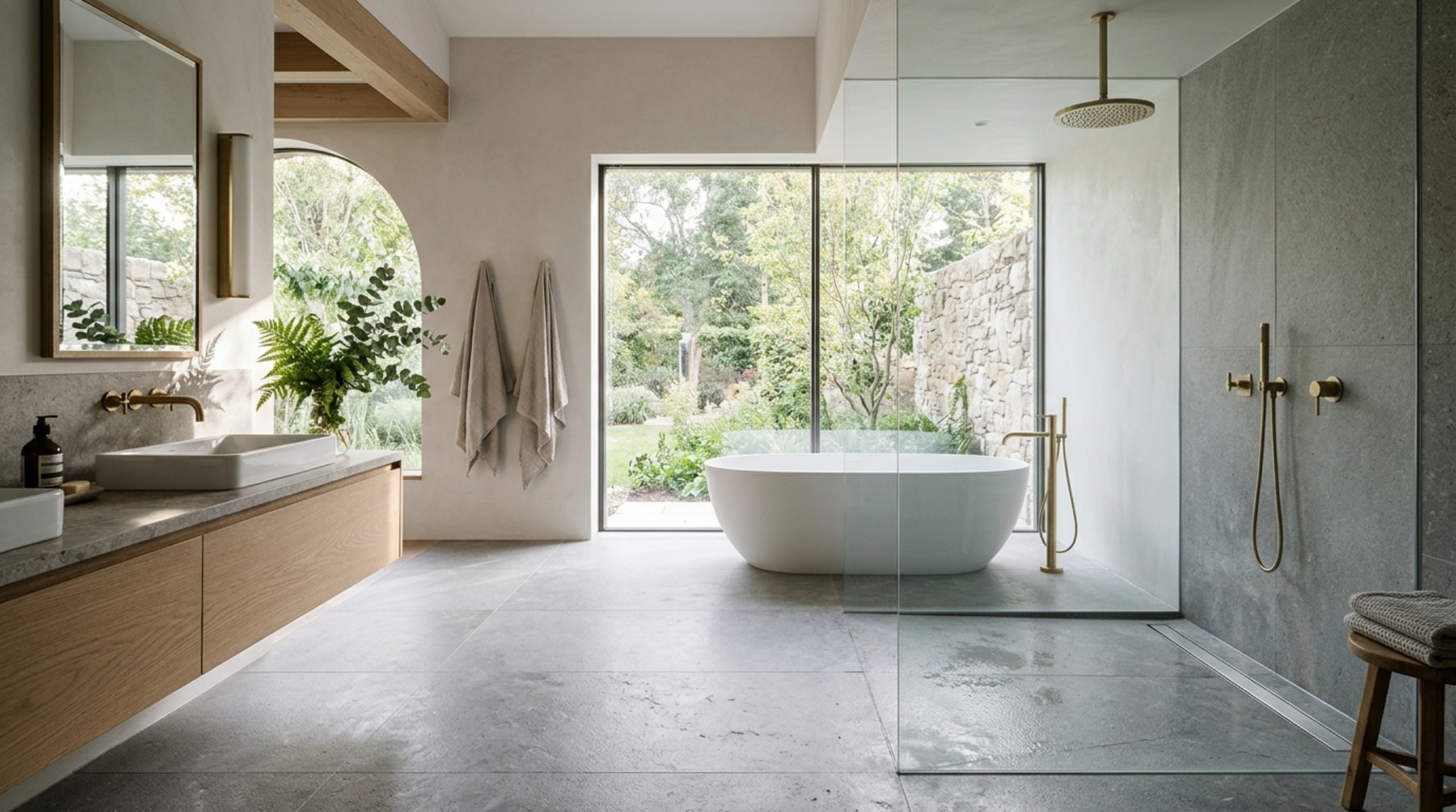 Curbless wet room design guide showcasing a seamless transition from limestone flooring to a shower with a linear stainless steel drain. Curbless wet room design guide showcasing a seamless transition from limestone flooring to a shower with a linear stainless steel drain.