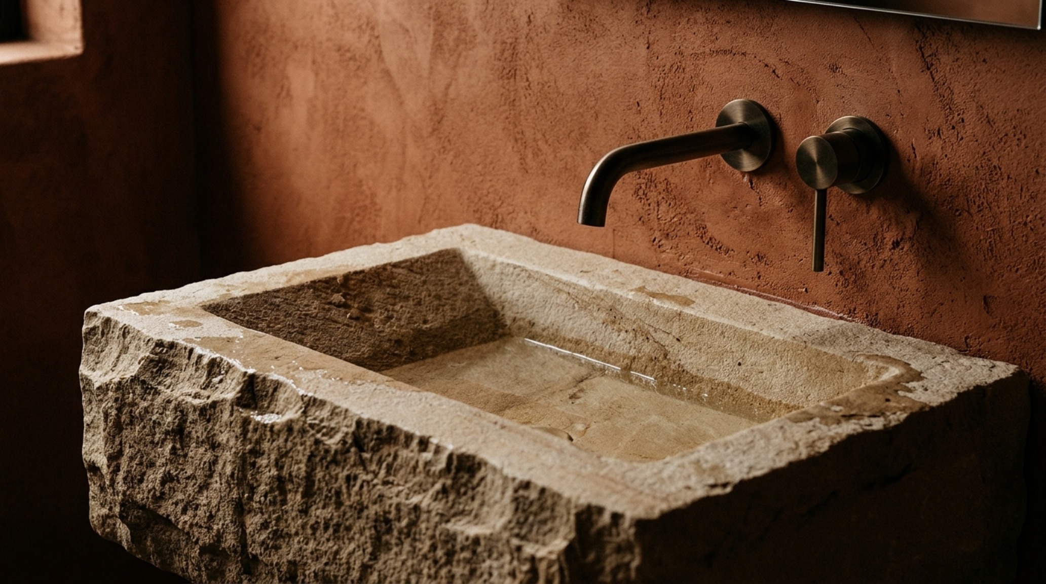 Luxury master bathroom trends 2027 highlighting a monolithic stone pedestal sink against a clay-plastered wall in mineral tones. Luxury master bathroom trends 2027 highlighting a monolithic stone pedestal sink against a clay-plastered wall in mineral tones.