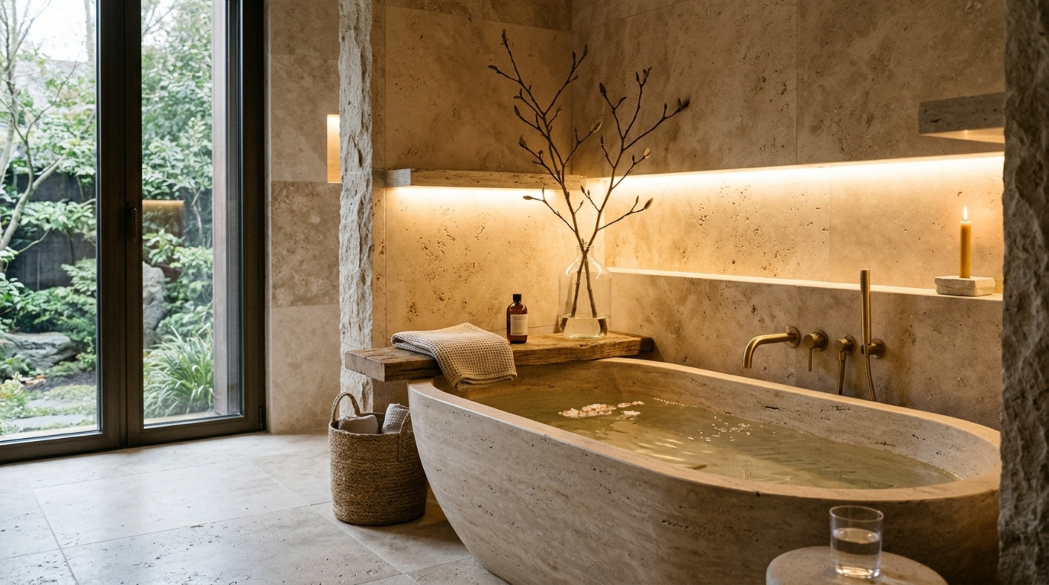 Spa-like bathroom material selection with honed silver travertine walls, a deep soaking tub, and warm 2700K cove lighting. Spa-like bathroom material selection with honed silver travertine walls, a deep soaking tub, and warm 2700K cove lighting.