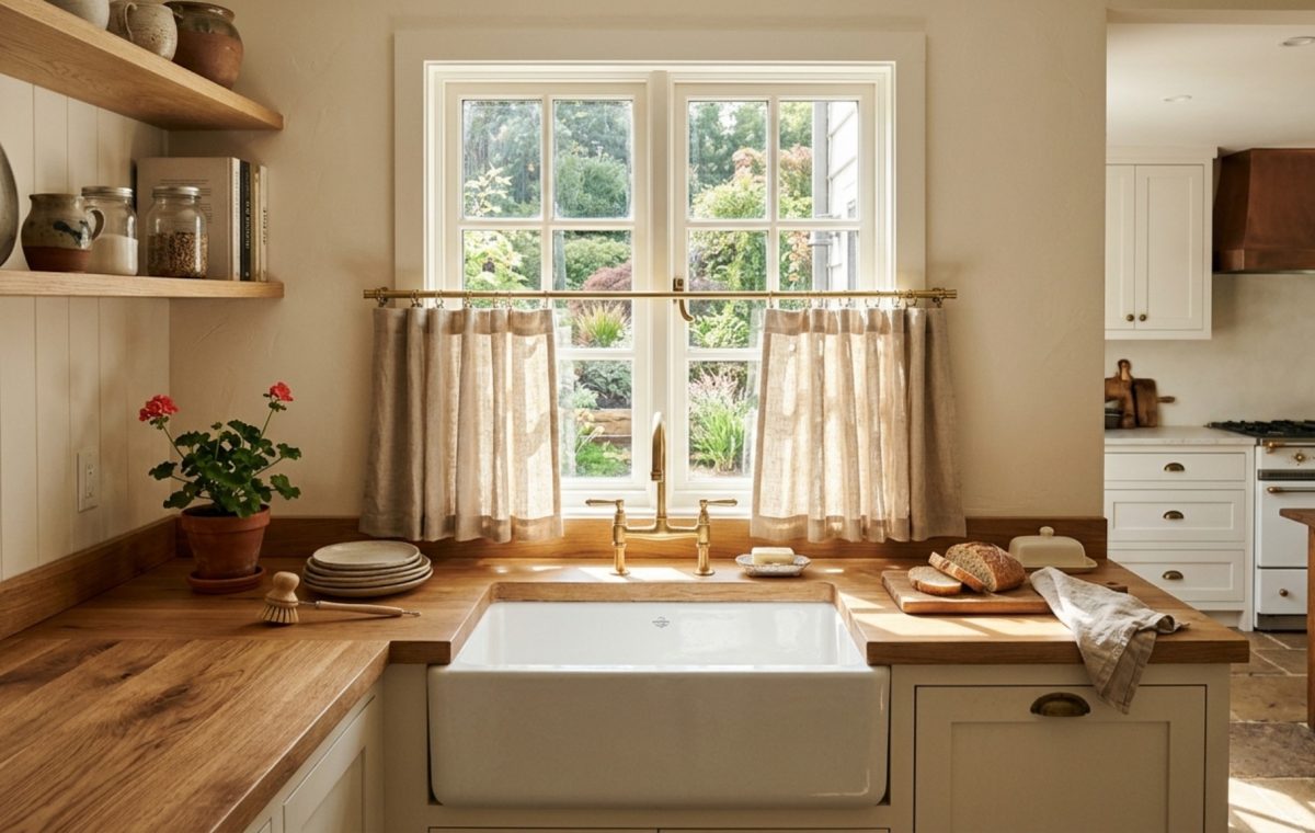 A high-performance kitchen featuring farmhouse fresh how window treatments set decor ideas with white cafe curtains and 36-inch oak counters.