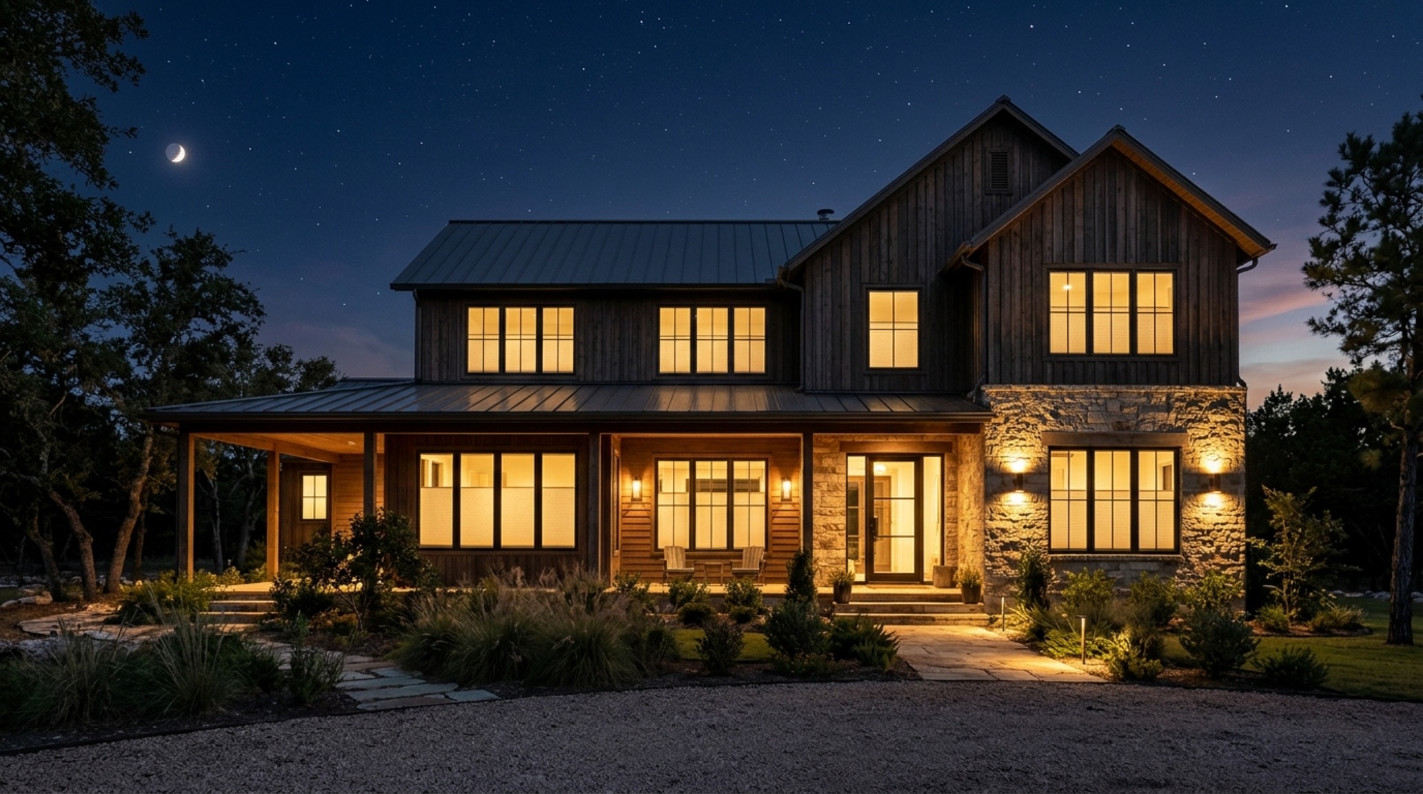 Wide architectural shot of a modern farmhouse facade showing how internal window treatments set the exterior decor tone and rhythm.