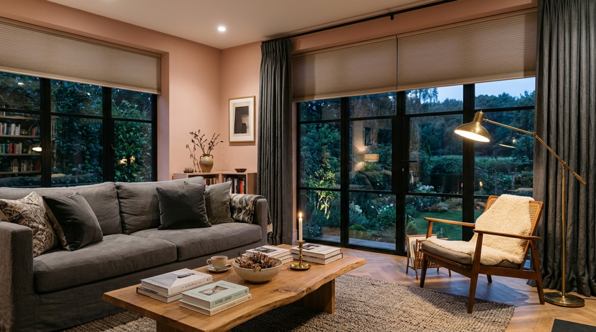 Modern farmhouse living room with black-framed windows and layered Belgian linen drapes illustrating farmhouse fresh how window treatments set decor ideas.