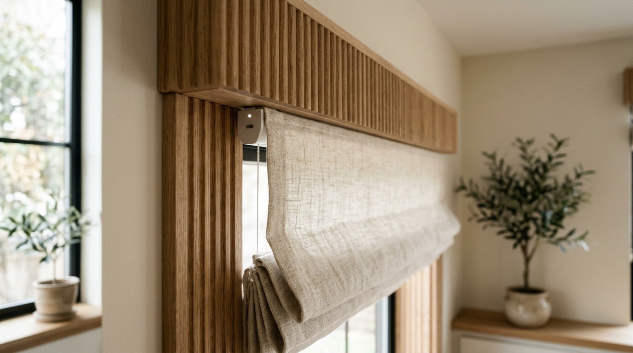 Detail of smart motorization hardware integrated into a fluted oak window valance for seamless farmhouse fresh how window treatments set decor ideas.