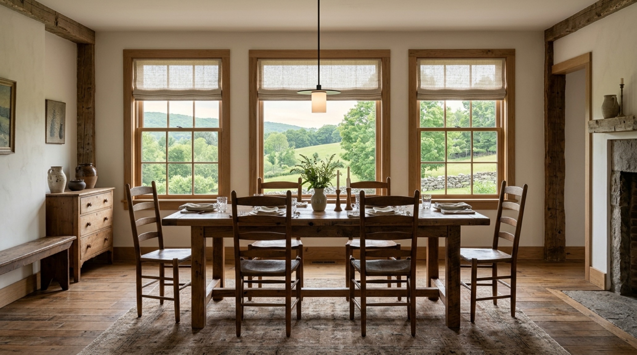 Sunlight filtering through semi-sheer Roman shades in a dining area with 30-inch chair clearance and farmhouse fresh how window treatments set decor ideas.