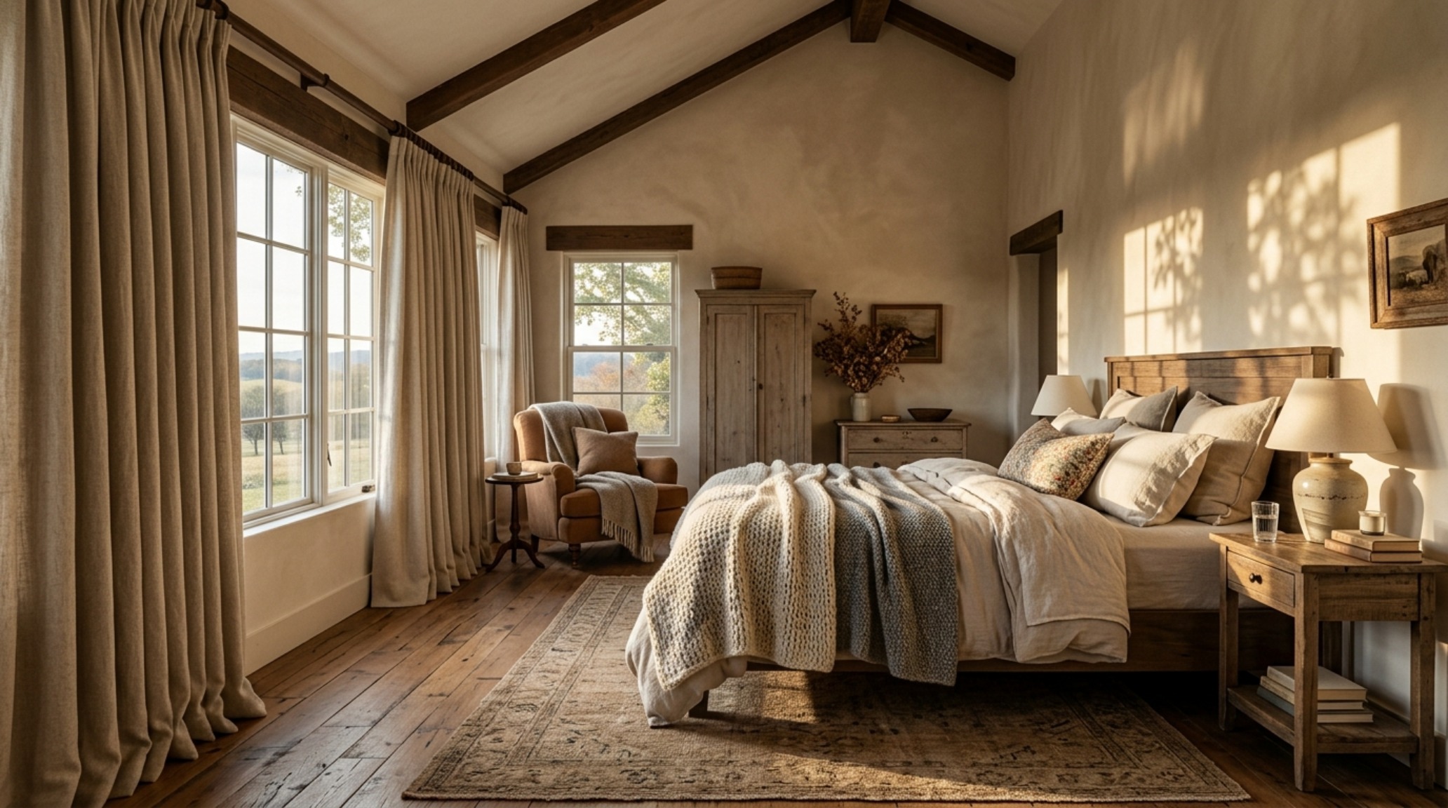An airy farmhouse bedroom showing floor-to-ceiling drapery and high-performing thermal cellular shades for farmhouse fresh how window treatments set decor ideas.