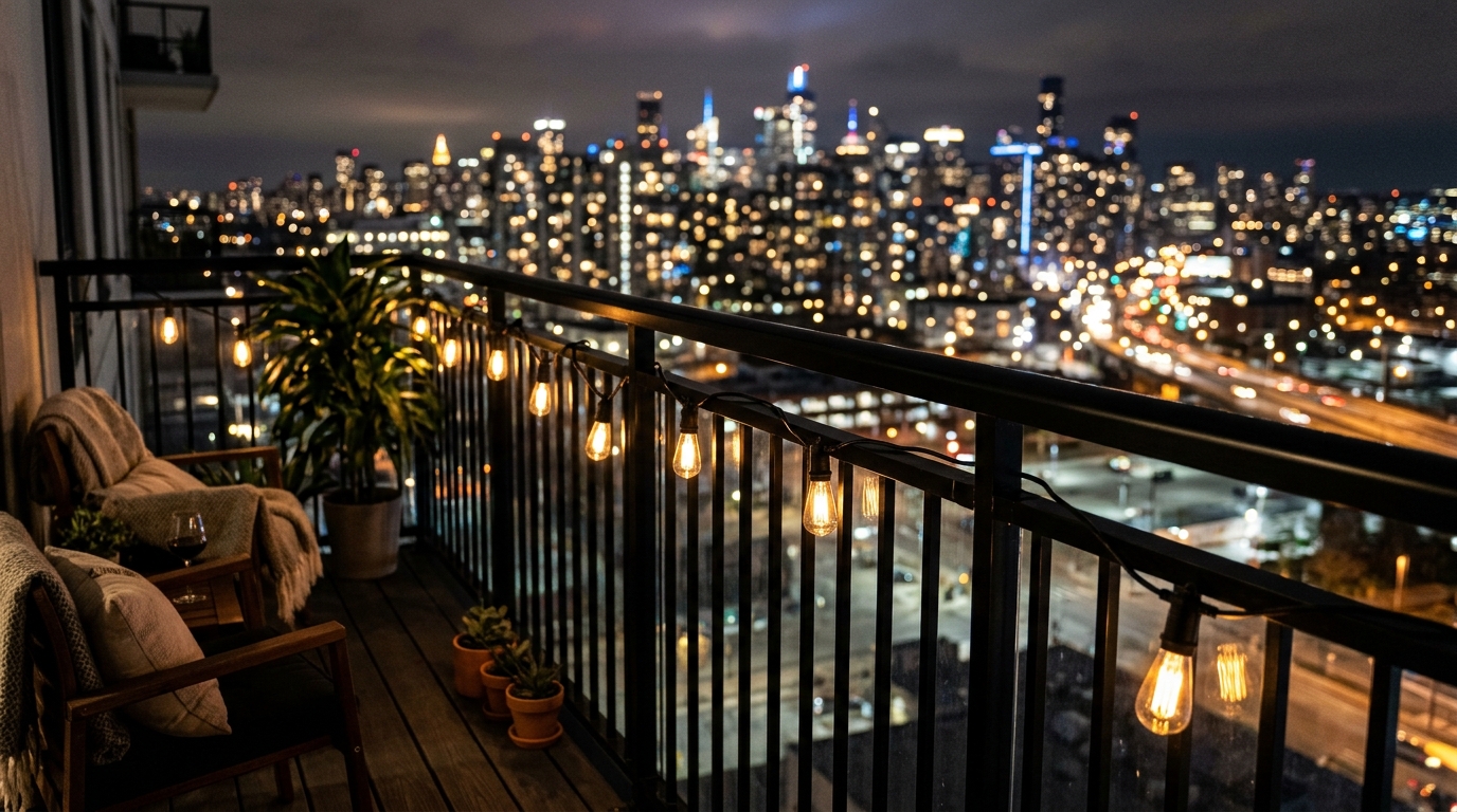 Sophisticated balcony lighting design using low-voltage LED filaments draped along a black metal railing. Sophisticated balcony lighting design using low-voltage LED filaments draped along a black metal railing.
