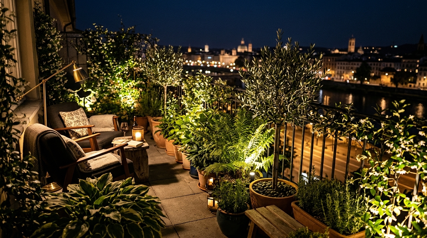 High-CRI outdoor lighting illuminating a cluster of potted plants, showing vibrant greens and natural wood tones at night. High-CRI outdoor lighting illuminating a cluster of potted plants, showing vibrant greens and natural wood tones at night.