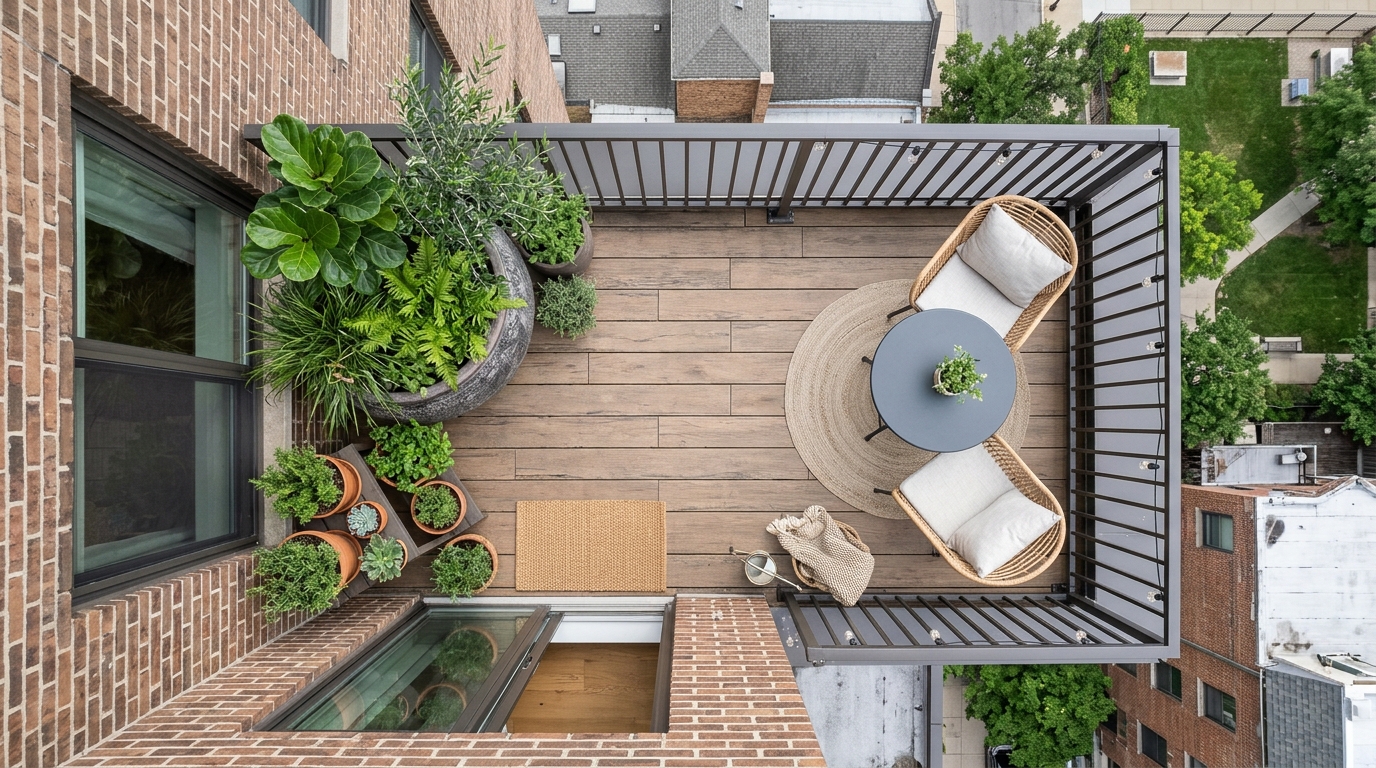 An architectural top-down perspective showing the 36-inch clearance walkways and ergonomic furniture layout of a small apartment balcony. An architectural top-down perspective showing the 36-inch clearance walkways and ergonomic furniture layout of a small apartment balcony.