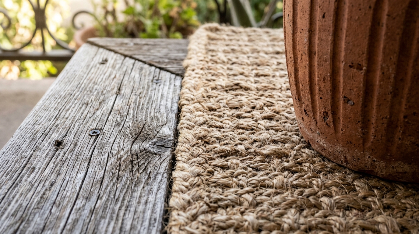 Macro detail of tactile materials including woven jute rug, weathered cedar wood, and fluted terracotta pots on a slate floor. Macro detail of tactile materials including woven jute rug, weathered cedar wood, and fluted terracotta pots on a slate floor.