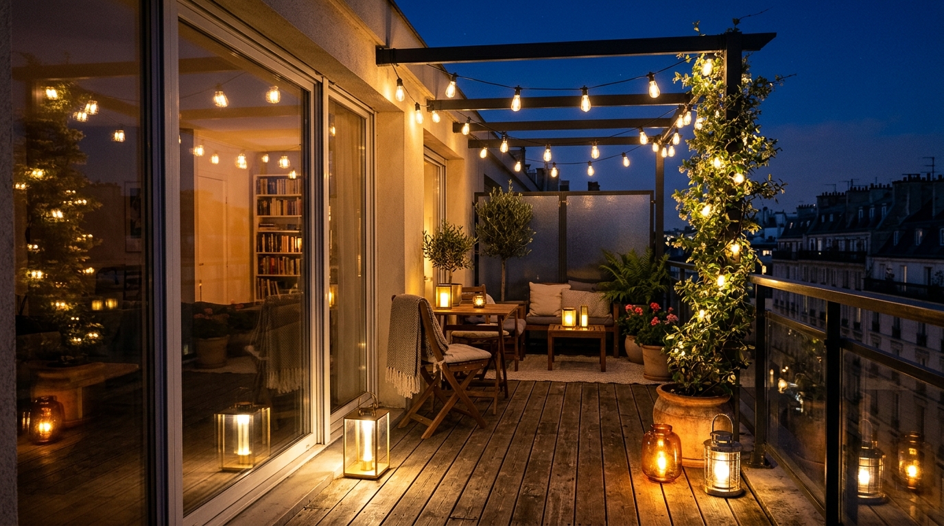 Atmospheric evening shot of a balcony illuminated by 2700K warm string lights and dimmable lanterns highlighting the rustic textures. Atmospheric evening shot of a balcony illuminated by 2700K warm string lights and dimmable lanterns highlighting the rustic textures.