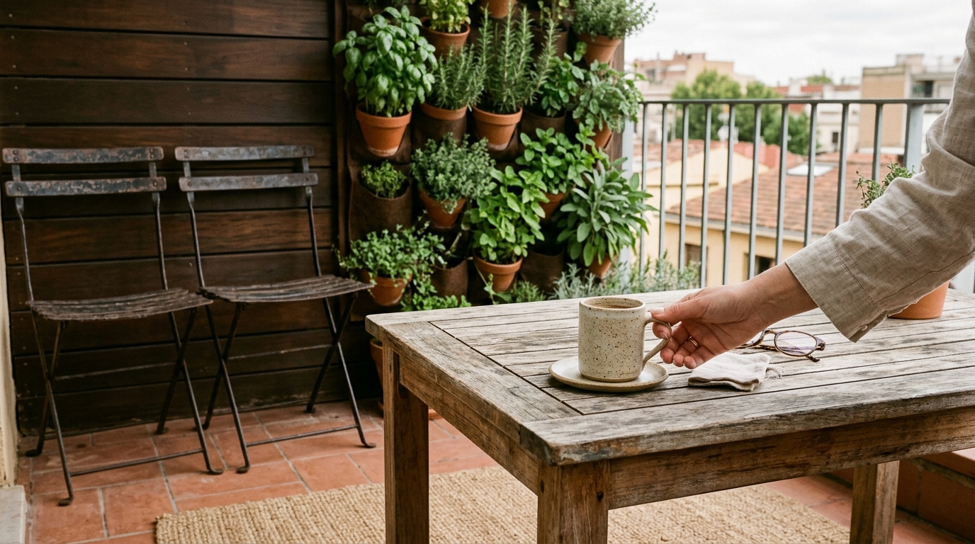 A functional snapshot of a modern rustic balcony featuring a folding bistro set and vertical herb garden for space-saving efficiency. A functional snapshot of a modern rustic balcony featuring a folding bistro set and vertical herb garden for space-saving efficiency.