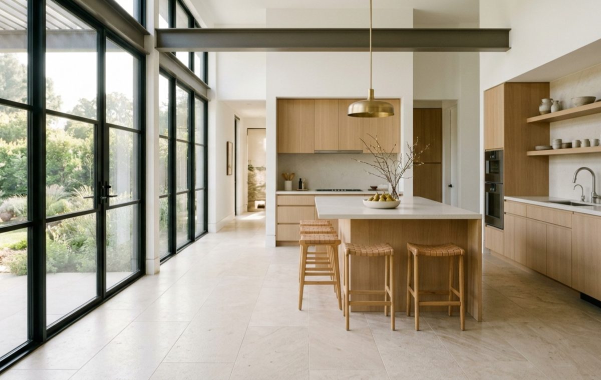 Large format kitchen tiles in a sun-drenched open plan kitchen featuring matte limestone-look porcelain and minimalist white oak cabinetry with 42-inch circulation paths.