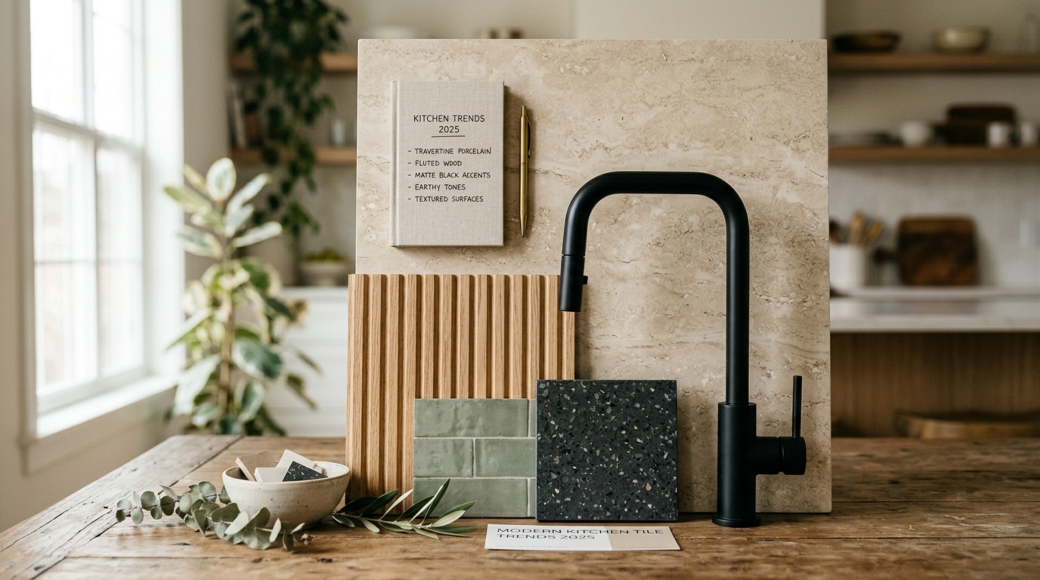 Modern kitchen tile trends 2025 showcasing the use of oversized slab tiles in a soft travertine finish to create a cohesive material palette across floors and walls.