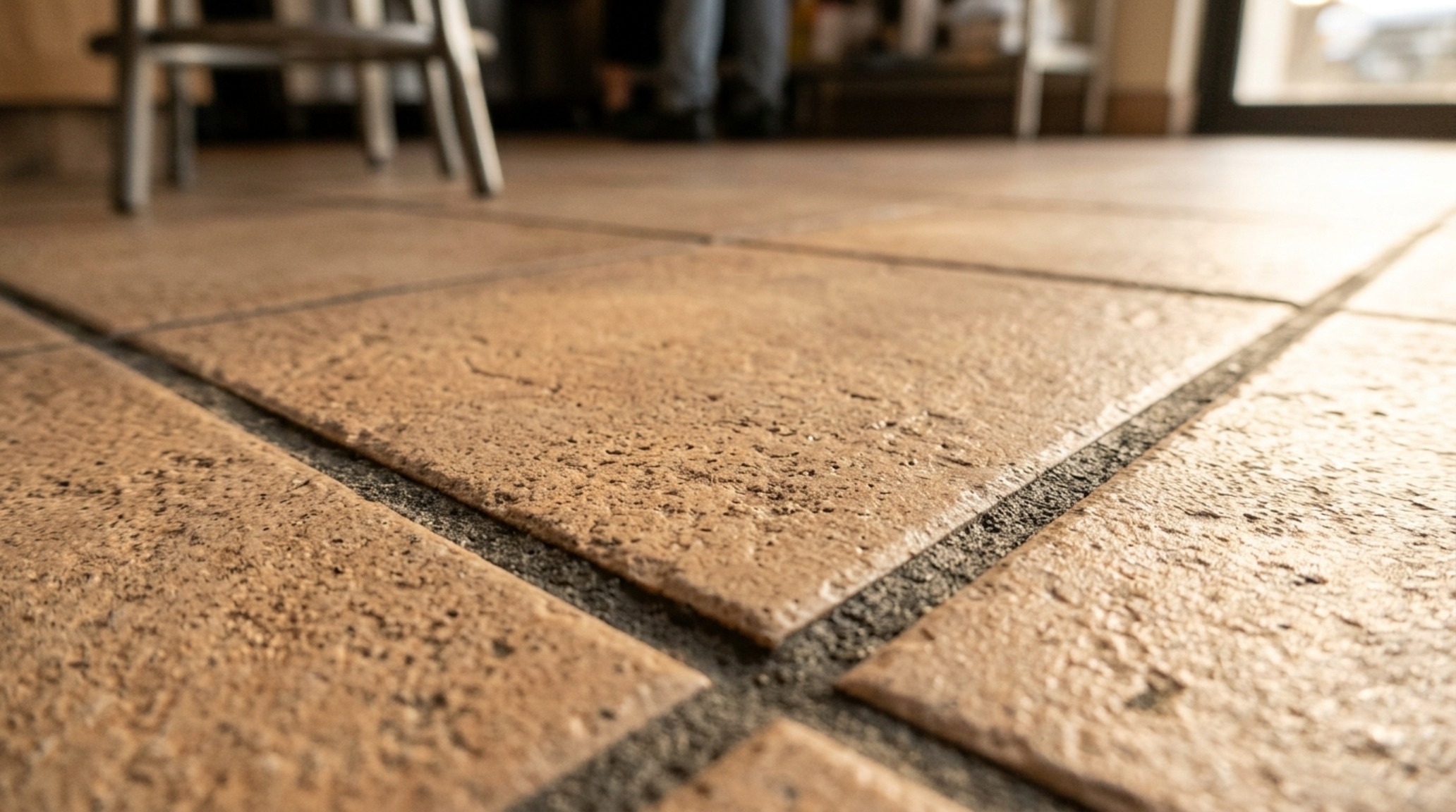 Non-slip kitchen floor tiles with a honed finish and DCOF 0.42 rating providing safety and tactile grip in a modern culinary workspace with warm 2700K lighting.