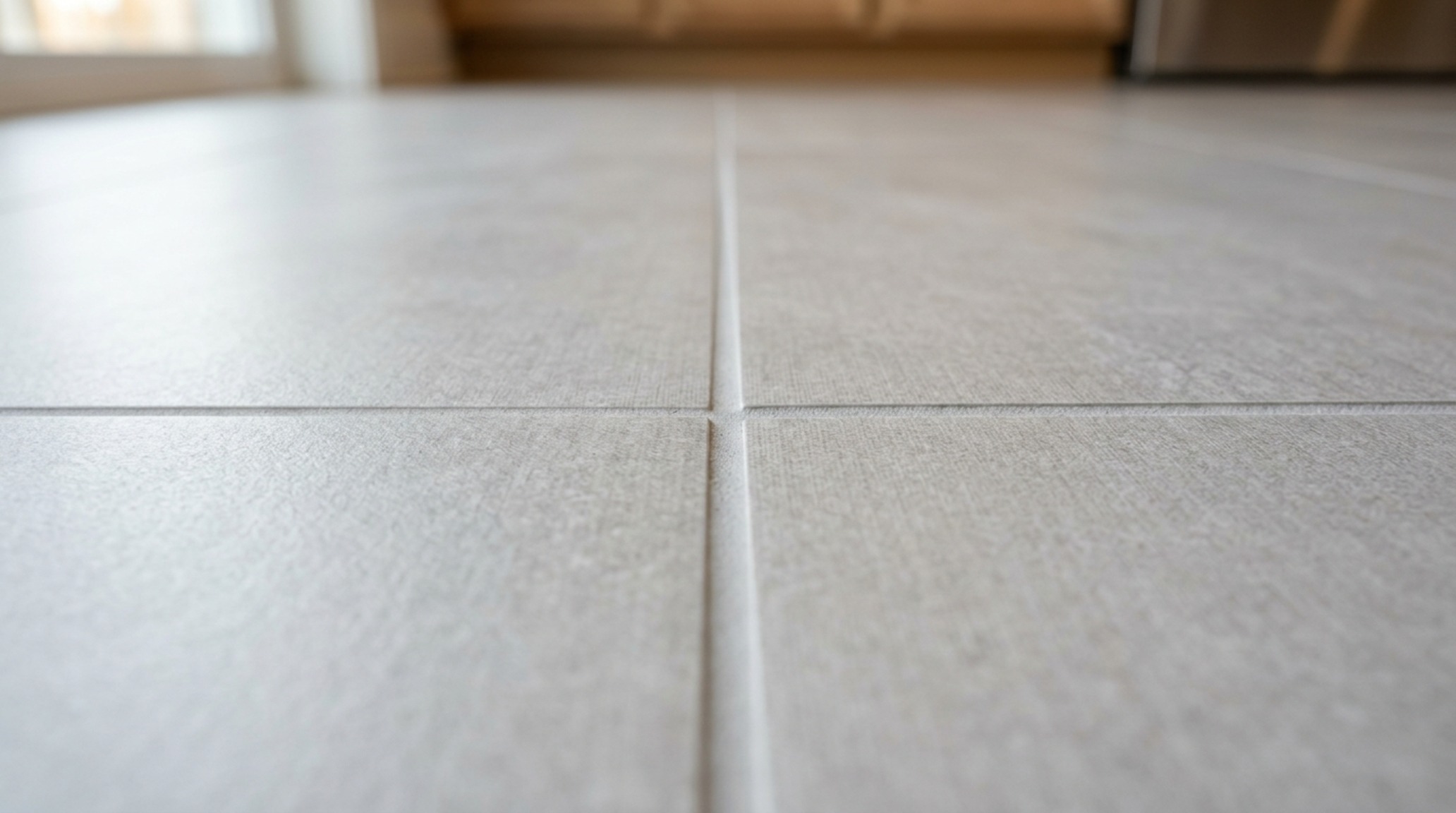 Best grout for kitchen floors shown in a close-up detail of 1/16-inch epoxy joints that are stain-resistant and color-matched to modern grey floor tiles.
