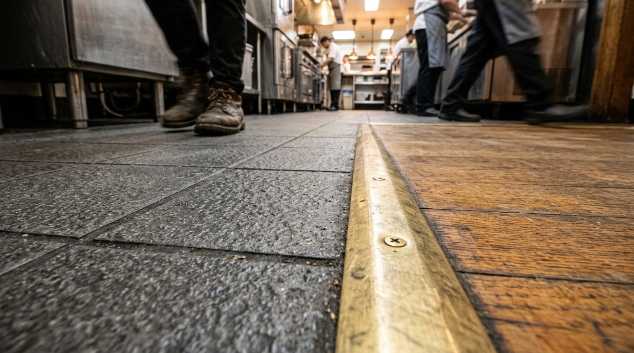 Non-slip kitchen floor tiles in a herringbone pattern with a micro-textured glaze for added friction and safety in wet zones near a kitchen island.