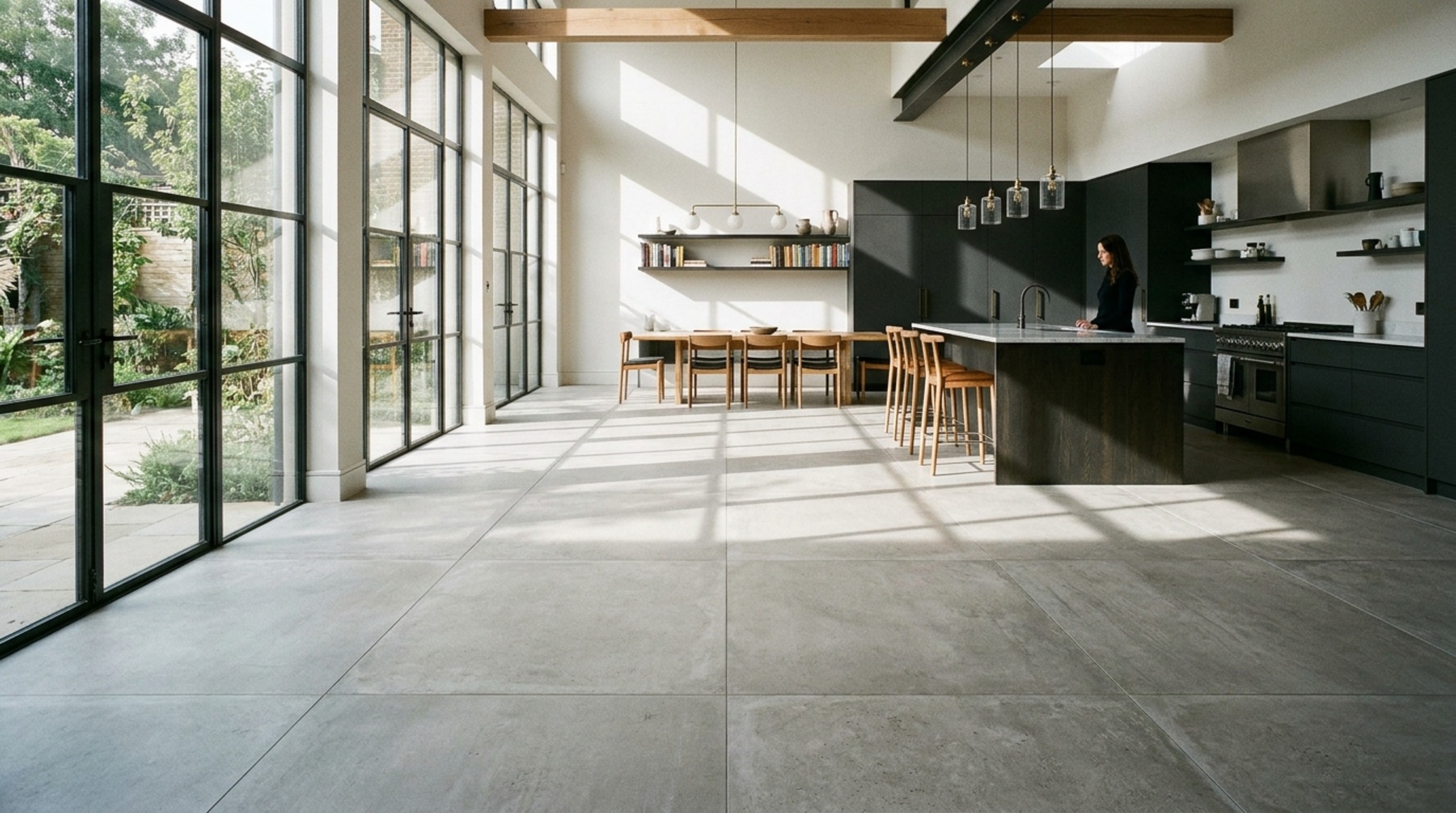 Large format kitchen tiles used to create a monolithic floor plane that expands the visual sense of space in a contemporary penthouse kitchen.