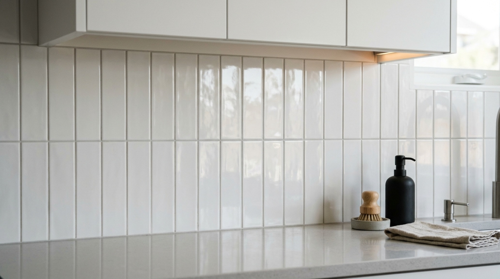 Easy to clean kitchen backsplash using vertically stacked handmade-look glazed tiles that offer high-shine aesthetics and effortless wipe-down maintenance.