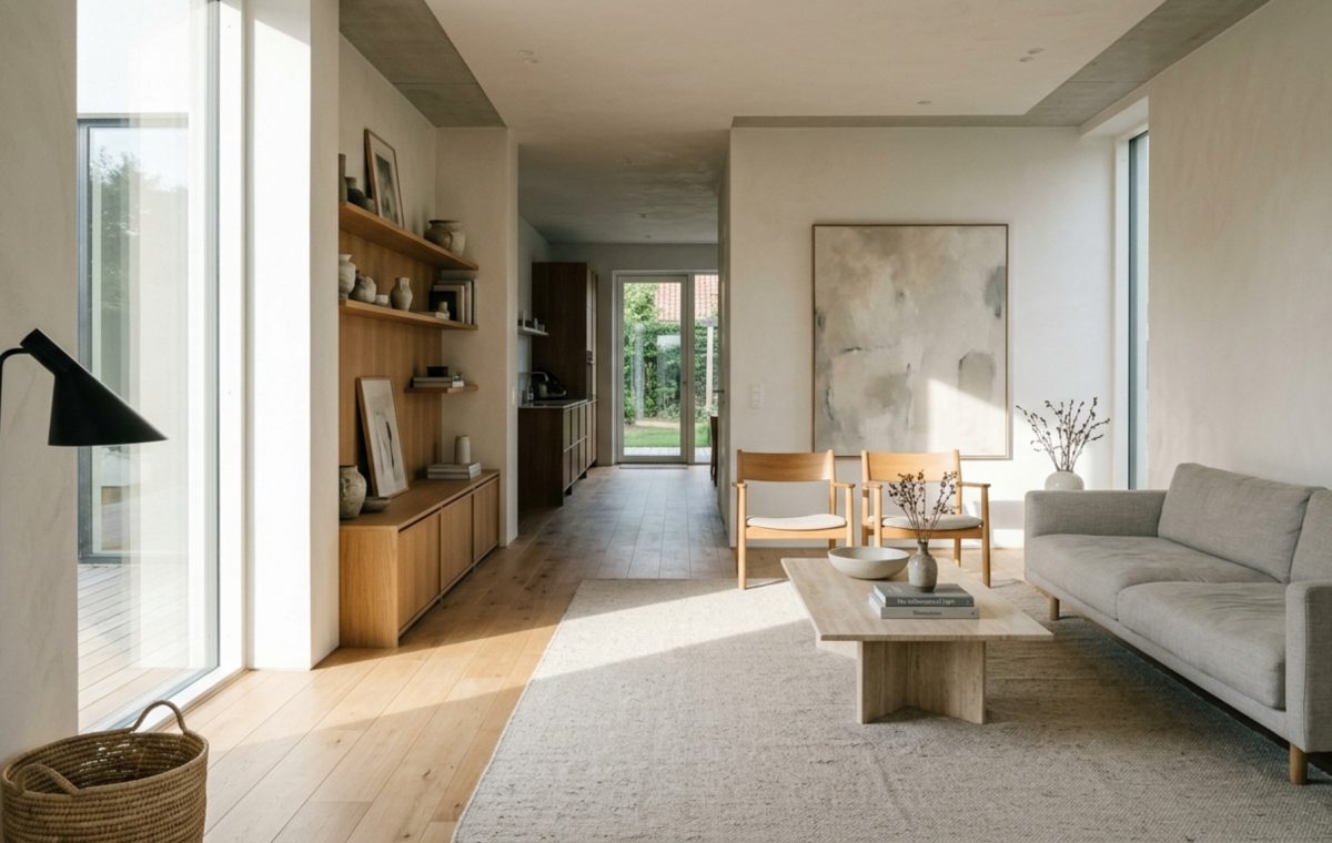 modern home interior blogs ideas featuring a minimalist living room with clear 36-inch walkways and architectural sightlines to a large window