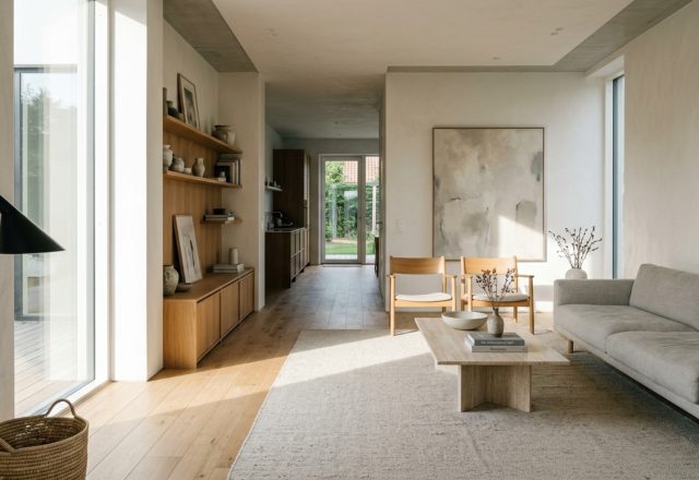 modern home interior blogs ideas featuring a minimalist living room with clear 36-inch walkways and architectural sightlines to a large window