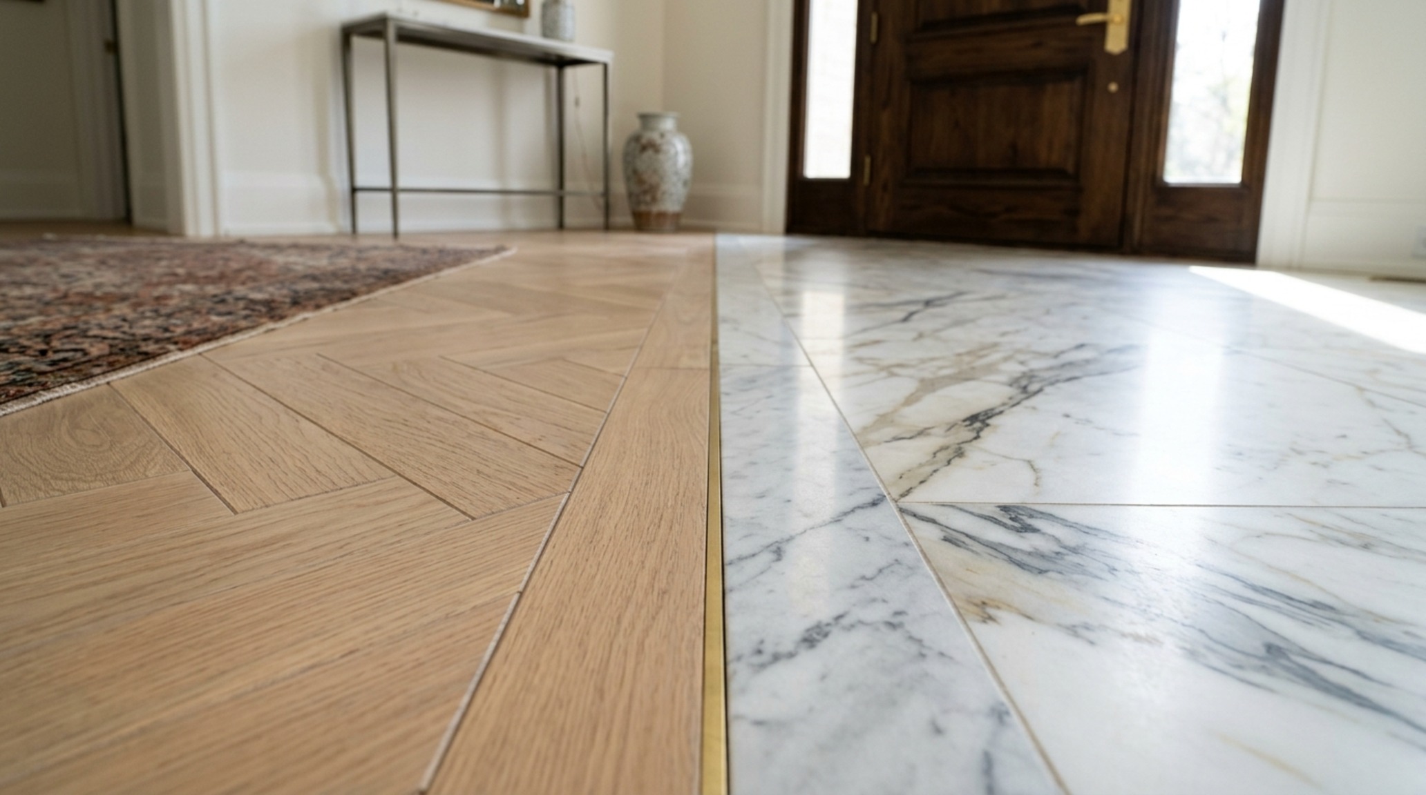 luxury home interior blogs textures focusing on the intersection of herringbone white oak floors and artisanal tile transitions