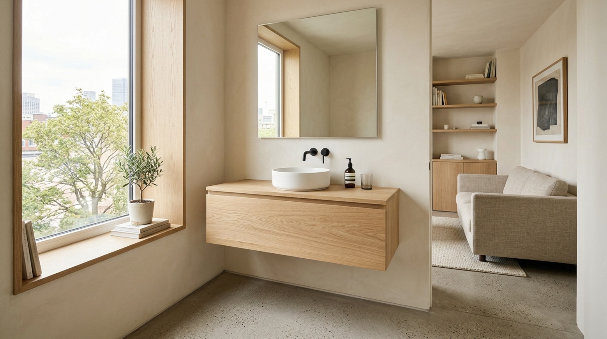 small space home interior blogs illustrating clever spatial zoning with a floating white oak vanity and clear floor plane visibility