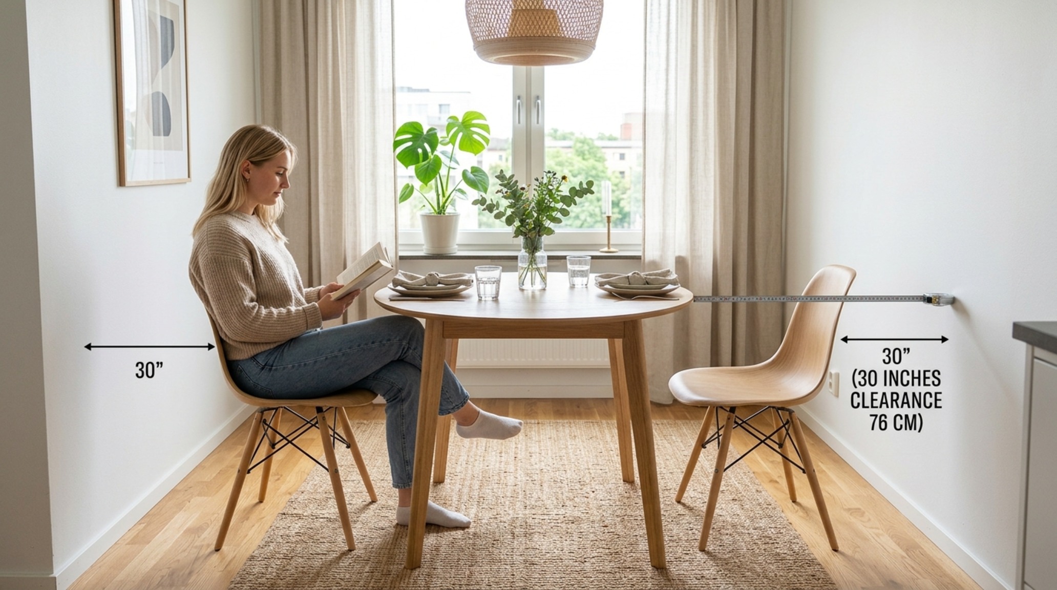 small space home interior blogs highlighting ergonomic 30-inch dining chair clearances in a compact urban apartment