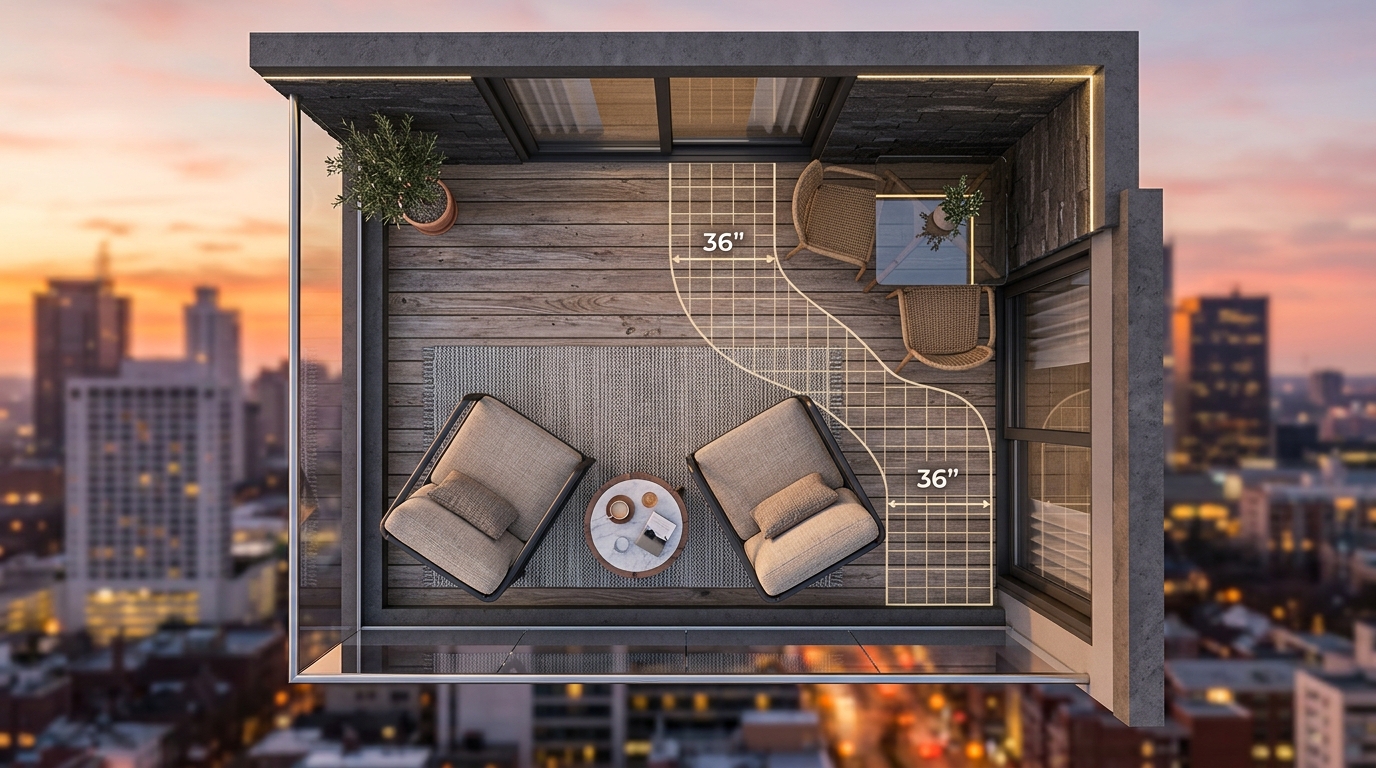 Architectural floor plan view of a small balcony showing 36-inch walkway clearances and ergonomic furniture placement.