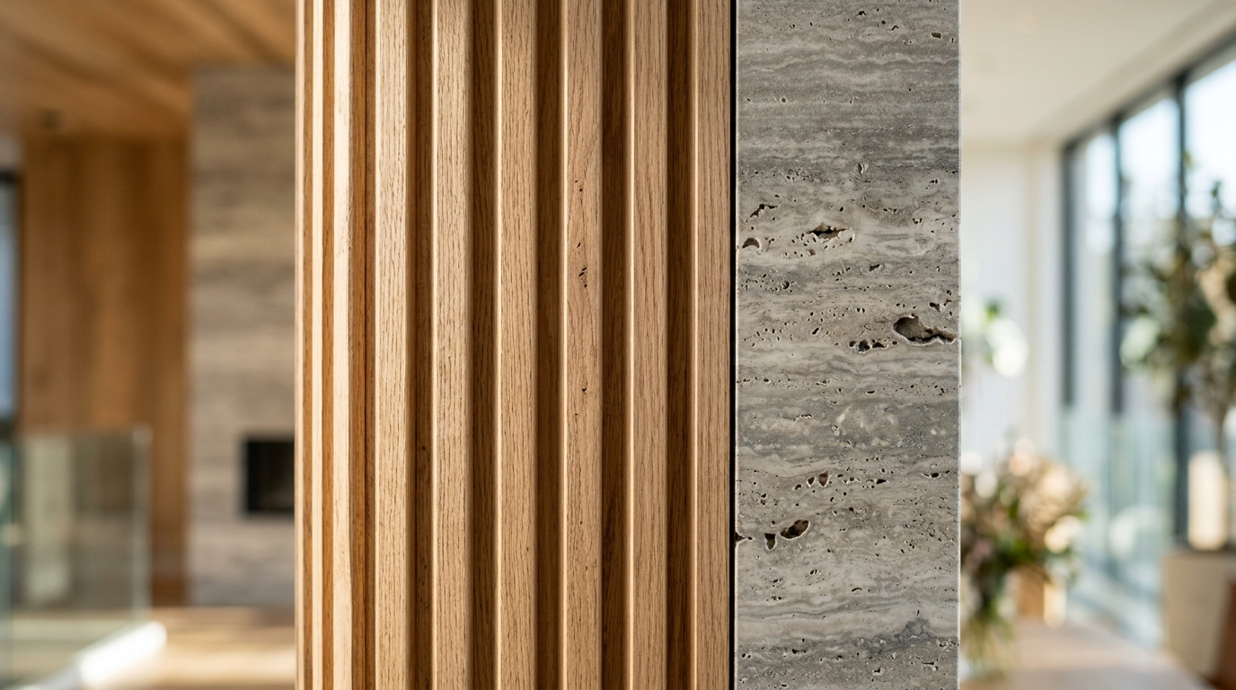 Close-up detail of fluted white oak screens and honed travertine flooring for a high-end balcony finish.