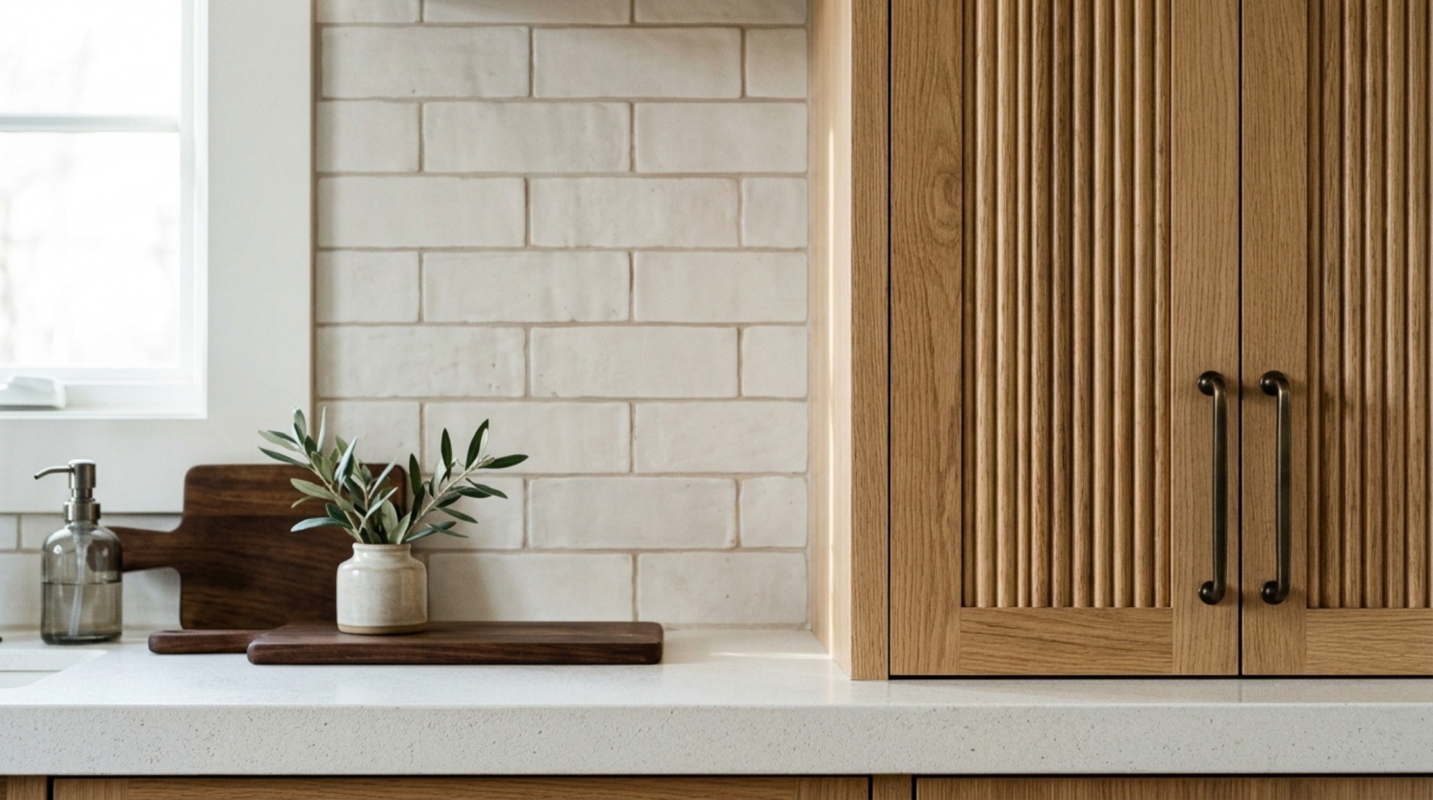 A sophisticated kitchen backsplash featuring painted subway tiles in a soft matte finish, harmonizing with fluted white oak cabinetry and 3000K task lighting for how to paint tile decor ideas. A sophisticated kitchen backsplash featuring painted subway tiles in a soft matte finish, harmonizing with fluted white oak cabinetry and 3000K task lighting for how to paint tile decor ideas.