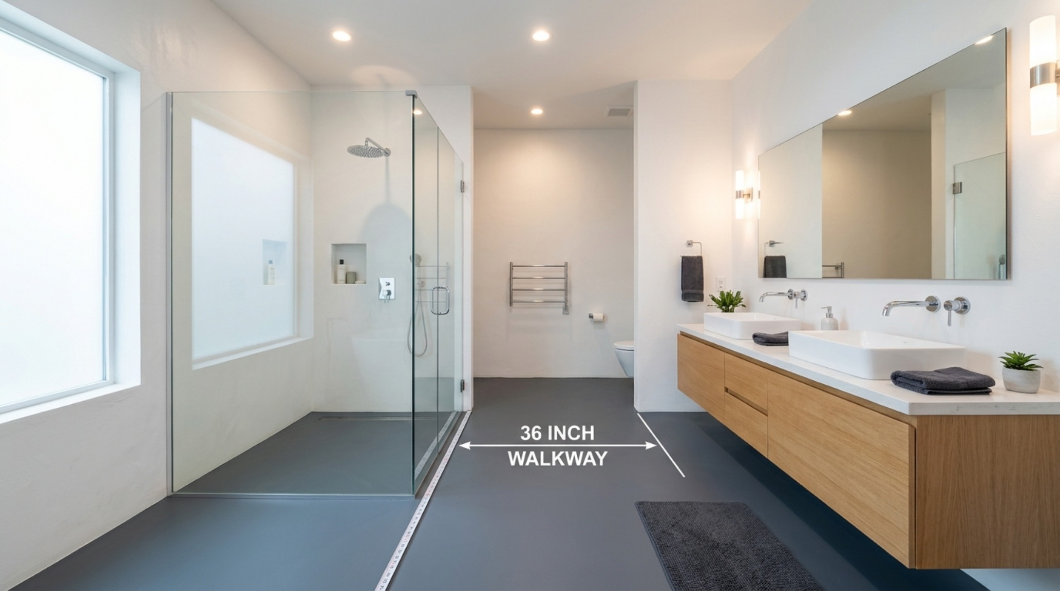 A minimalist bathroom floor with monolithic painted large-format tiles in a muted charcoal, demonstrating the seamless spatial flow and reduced visual friction in small space design. A minimalist bathroom floor with monolithic painted large-format tiles in a muted charcoal, demonstrating the seamless spatial flow and reduced visual friction in small space design.