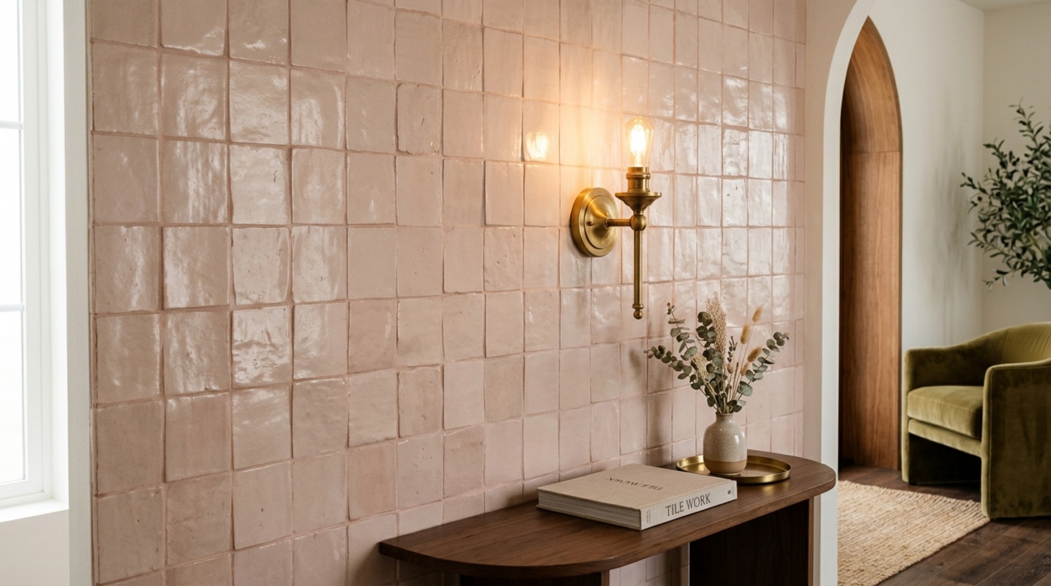 Warm 2700K ambient lighting reflecting off a painted tile wall in Benjamin Moore Swiss Coffee, showcasing the specular bloom and diffused architectural depth. Warm 2700K ambient lighting reflecting off a painted tile wall in Benjamin Moore Swiss Coffee, showcasing the specular bloom and diffused architectural depth.