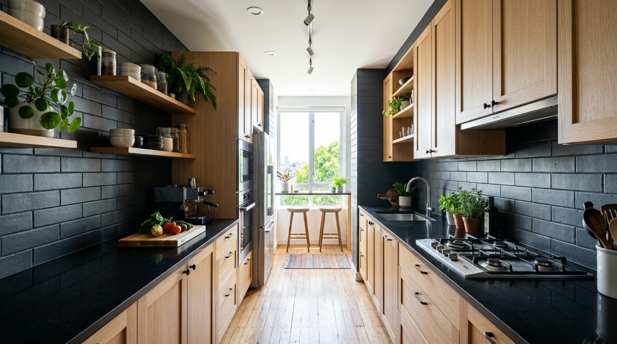 Perspective view of a galley kitchen with dark painted tile walls that create a receding effect, highlighting how to paint tile decor ideas architecture and sightline expansion. Perspective view of a galley kitchen with dark painted tile walls that create a receding effect, highlighting how to paint tile decor ideas architecture and sightline expansion.